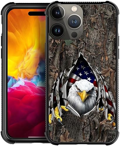 DAIZAG Funda compatible con iPhone 15 Plus, funda de camuflaje de roble con bandera estadounidense águila y águila para iPhone 15 Plus para hombre y