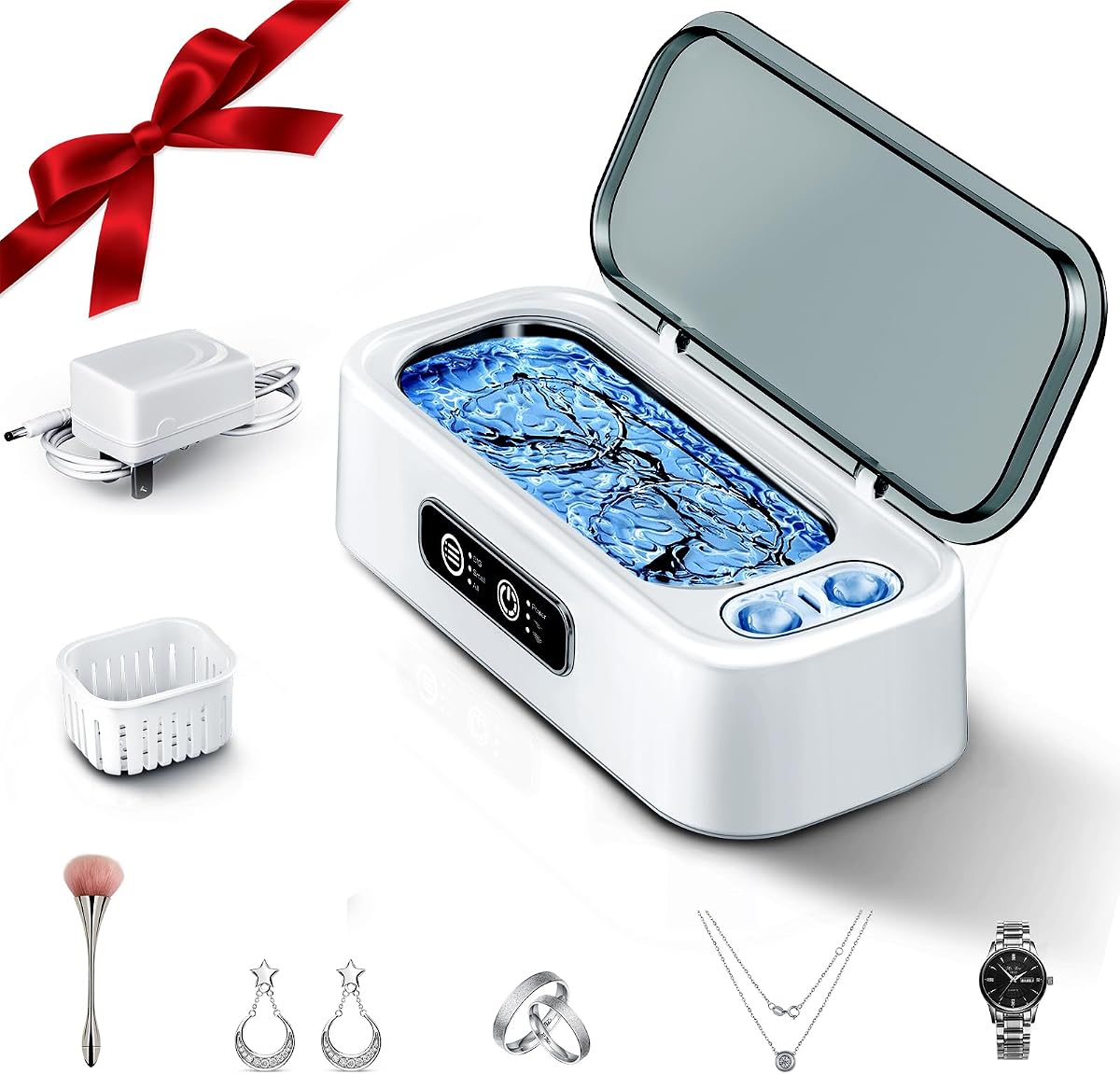 Máquina limpiadora ultrasónica de joyas SUNPOW - Cámaras duales para lentes de contacto y joyas, limpiador sónico de 45 kHz para plata y oro, anillos, aretes, gafas, relojes, collares - Silencioso 45 dB, limpieza profunda