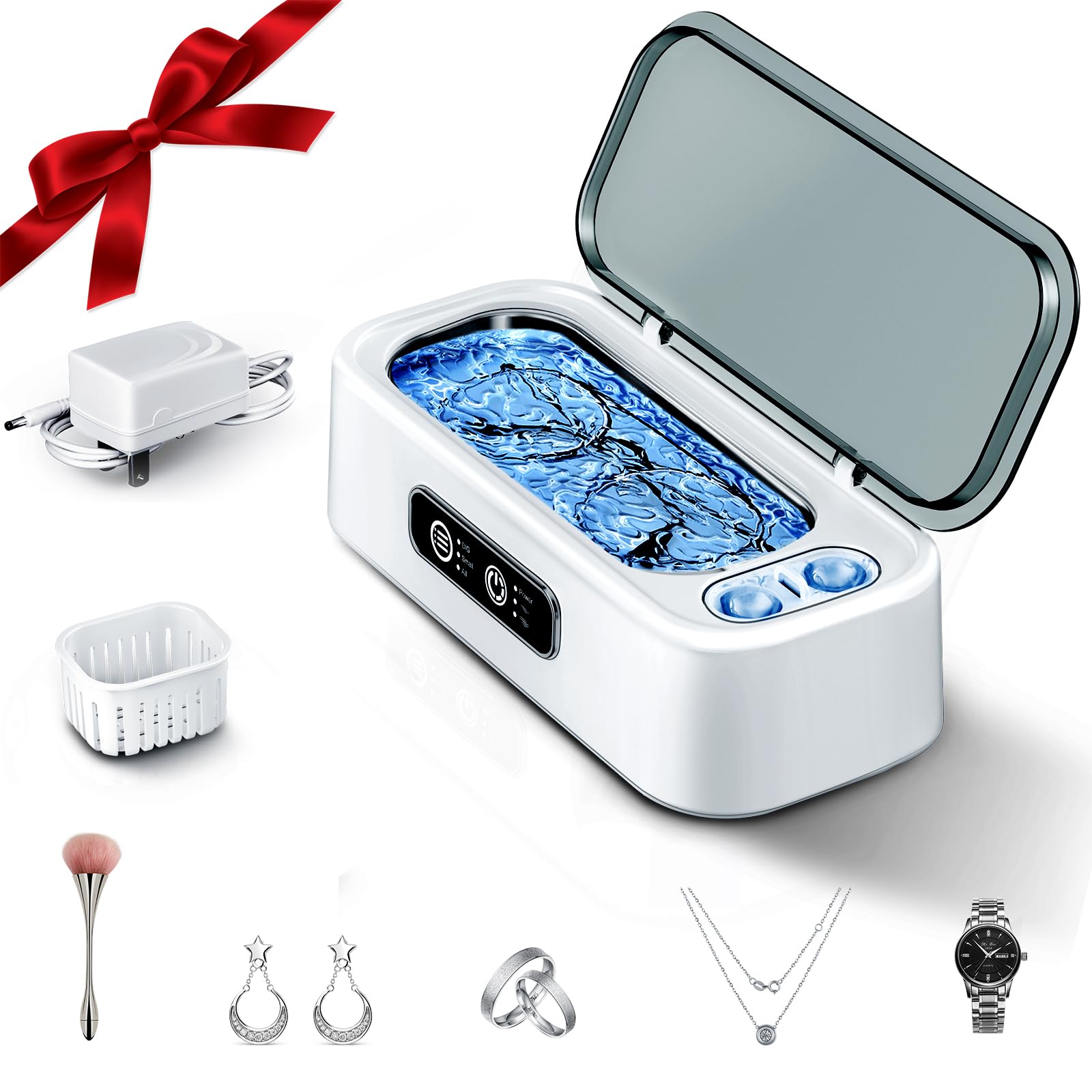 SUNPOW Ultraschallreinigungsgerät Brille & Schmuck, 45 kHz Dual-Frequenz-Technologie mit Dual-Kammer Design, leises Brillenreinigungsgerät für Brillen, Schmuck, Ringe & Kontaktlinsen – Weiß