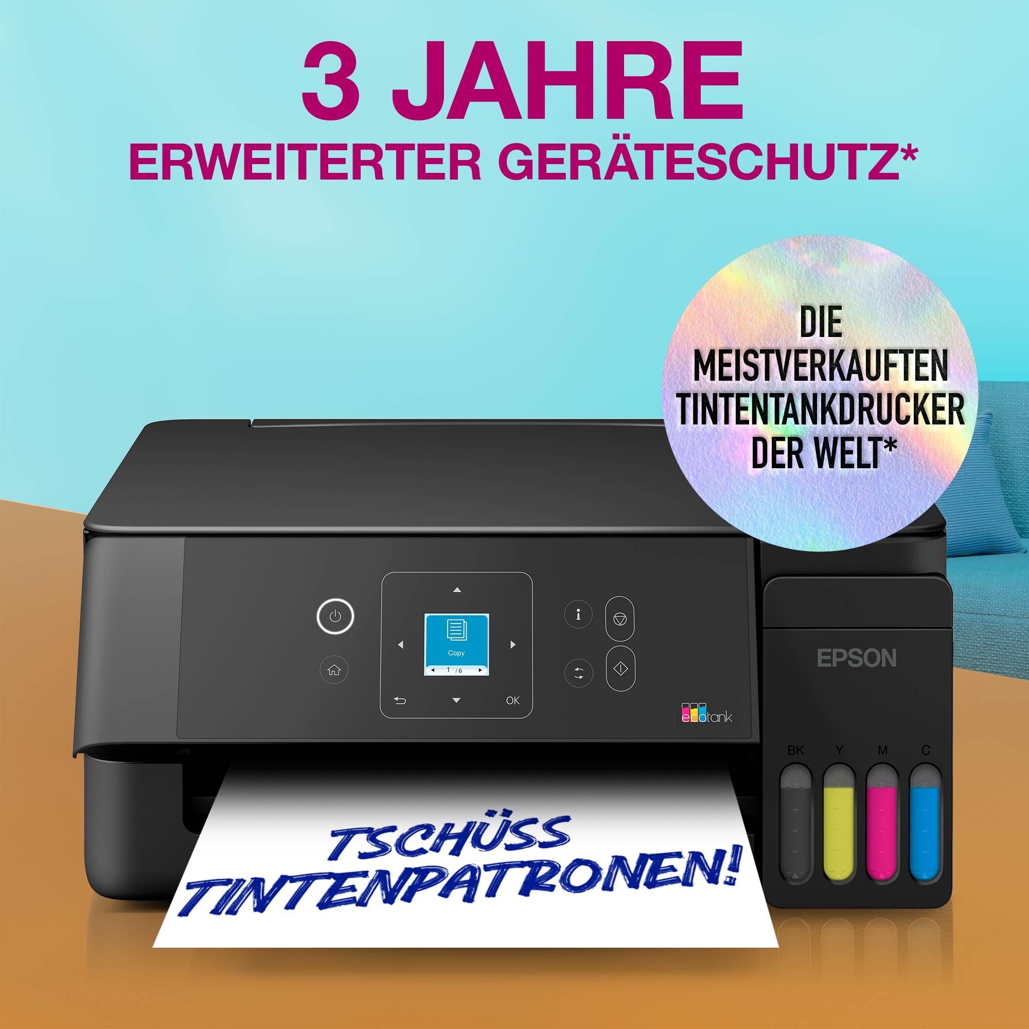Epson EcoTank ET-2922 | Für vielbeschäftigte Haushalte | Wi-Fi | A4 | Drucken, Kopieren, Scannen | LC-Display | AirPrint-kompatibel | Kompakt | Enthält bis zu 3 Jahre Tinte