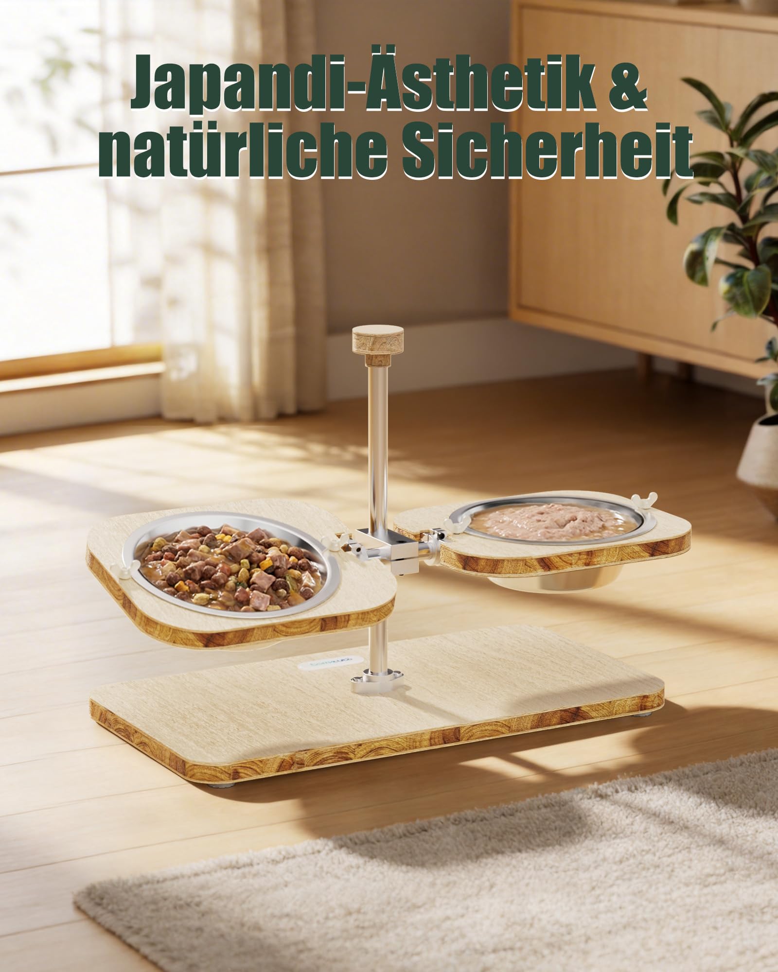 TOMXCUTE Katzennapf Erhöht aus Holz mit Edelstahlschüsseln | Individuell neigbare Näpfe, FSC-zertifiziertes Massivholz und 304 Edelstahl für ergonomisches Fressen und einfache Reinigung.