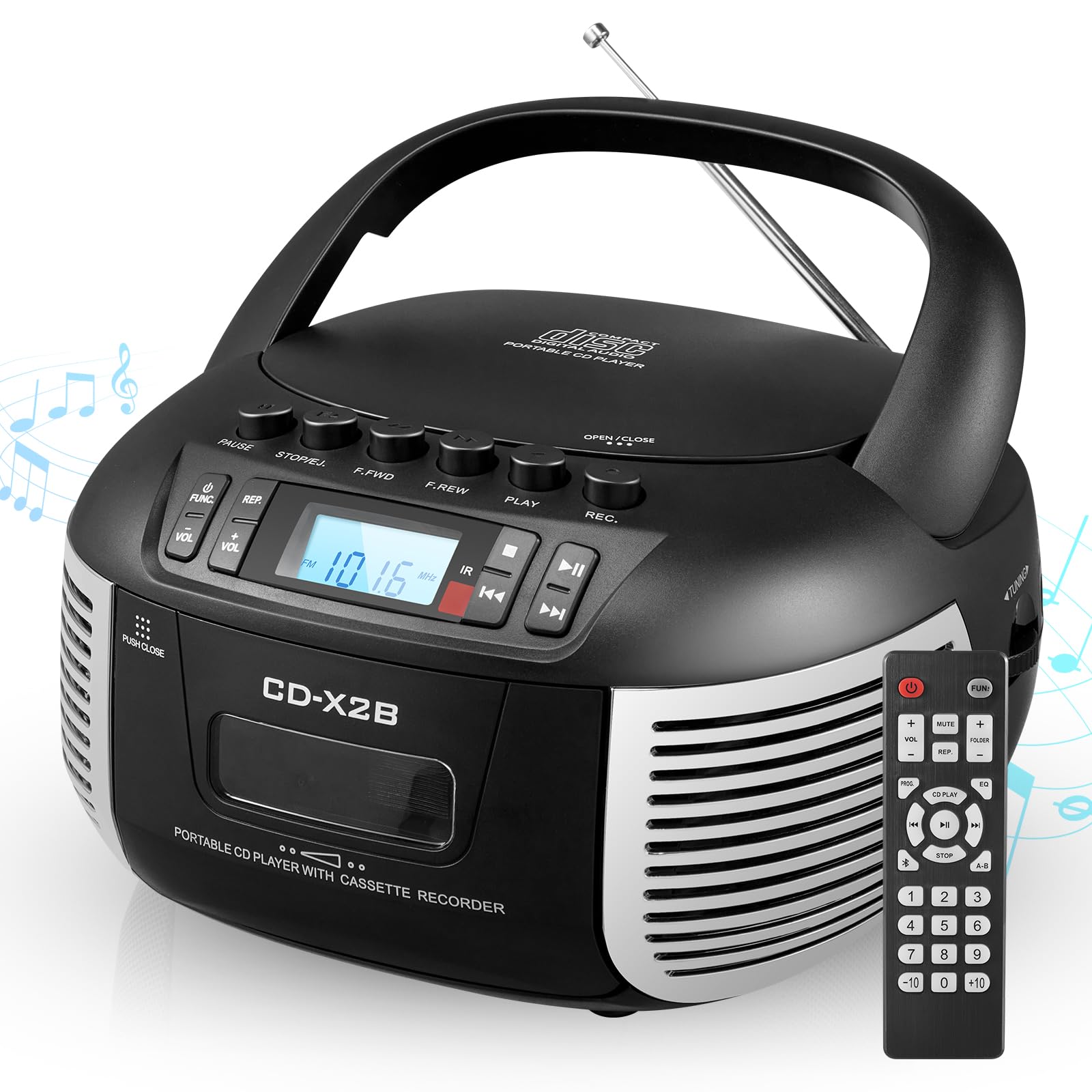CD and Cassette Player Combo, Boombox CD Player with FM Radio/Bluetooth/AUX/USB/Tape Recording Remote Control Headphone Jack LCD Display Dual Stereo Sound DC 5V 2A/6 C Battery Powered for Home-image-16