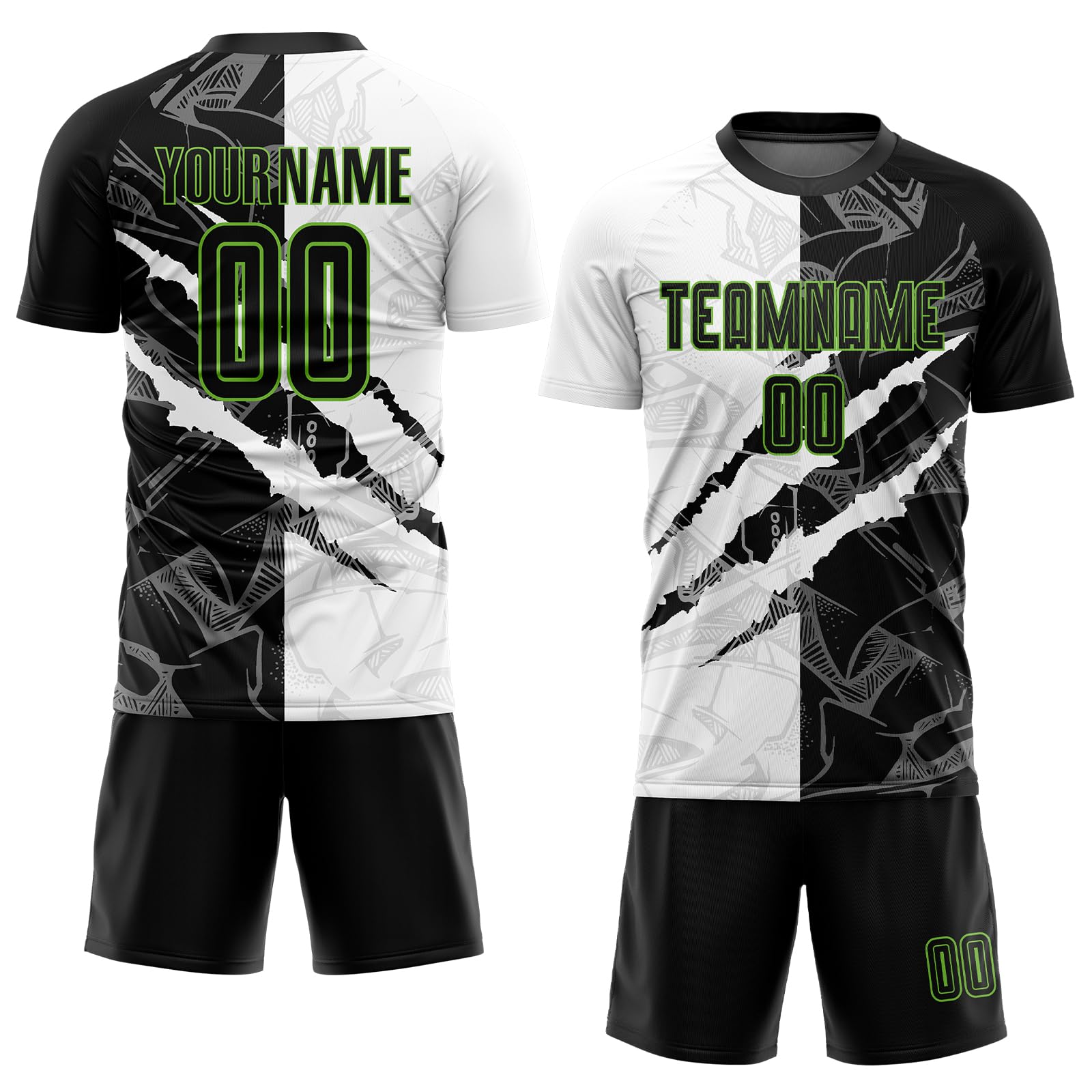 Custom Scratch Black and White Soccer Uniforms Printed Green Name Number, Personalized Sports T Shirts and Shorts for Men Youth Women Boys Girls, Design Your Own Casual Tees with Name Number Logos