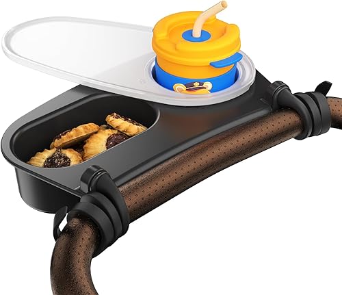 Bandeja universal para bocadillos para cochecito con portavasos y tapa a prueba de derrames, se adapta a cochecitos, sillas altas, cochecitos de