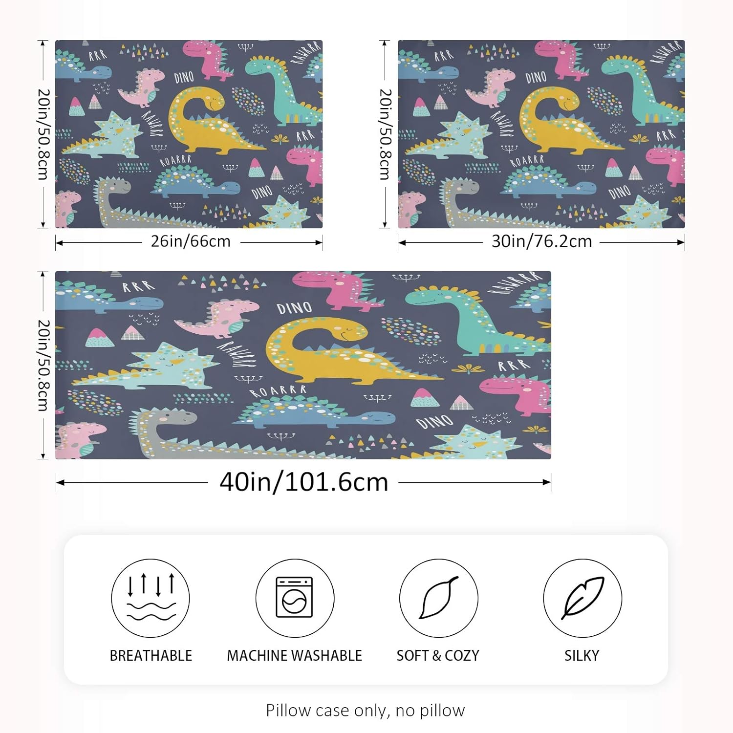 Cute Funny Kids Dinosaurs Satin Pillowcase for Hair and Skin Silk Pillowcase - Satin Pillow Covers with Envelope Closure, Standard Size(20x26 inches) - Image 2