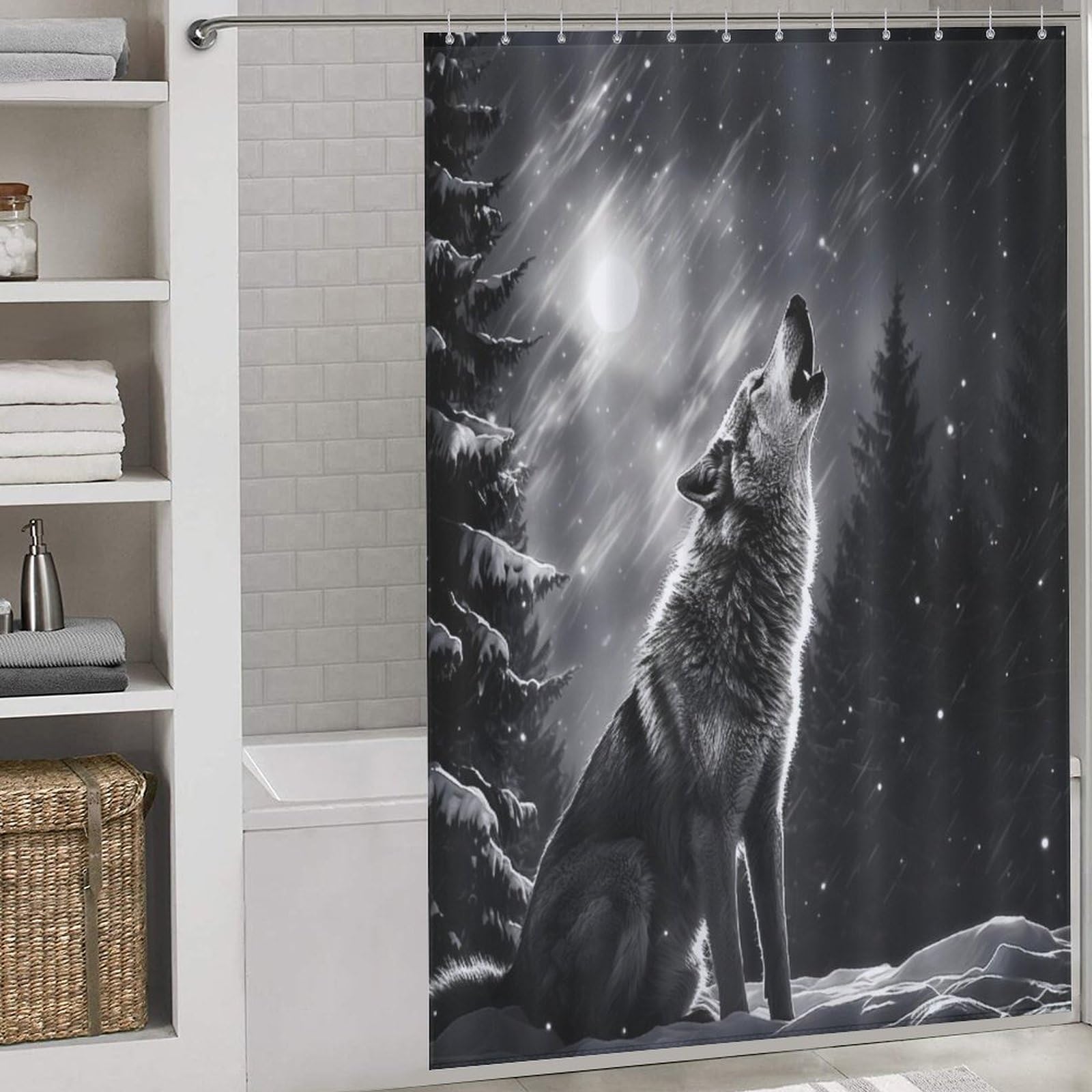 Rideau de douche loup en tissu polyester premium, rideau imperméable 152x183