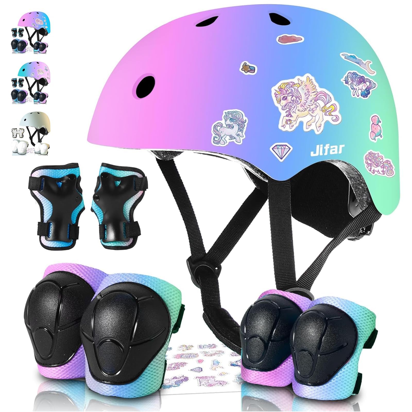 Juego de casco y almohadillas para patineta y bicicleta, equipo de seguridad ajustable para niños pequeños con degradado de color frío para niños y niñas de 3-5-8-14 años, para scooter, patinaje