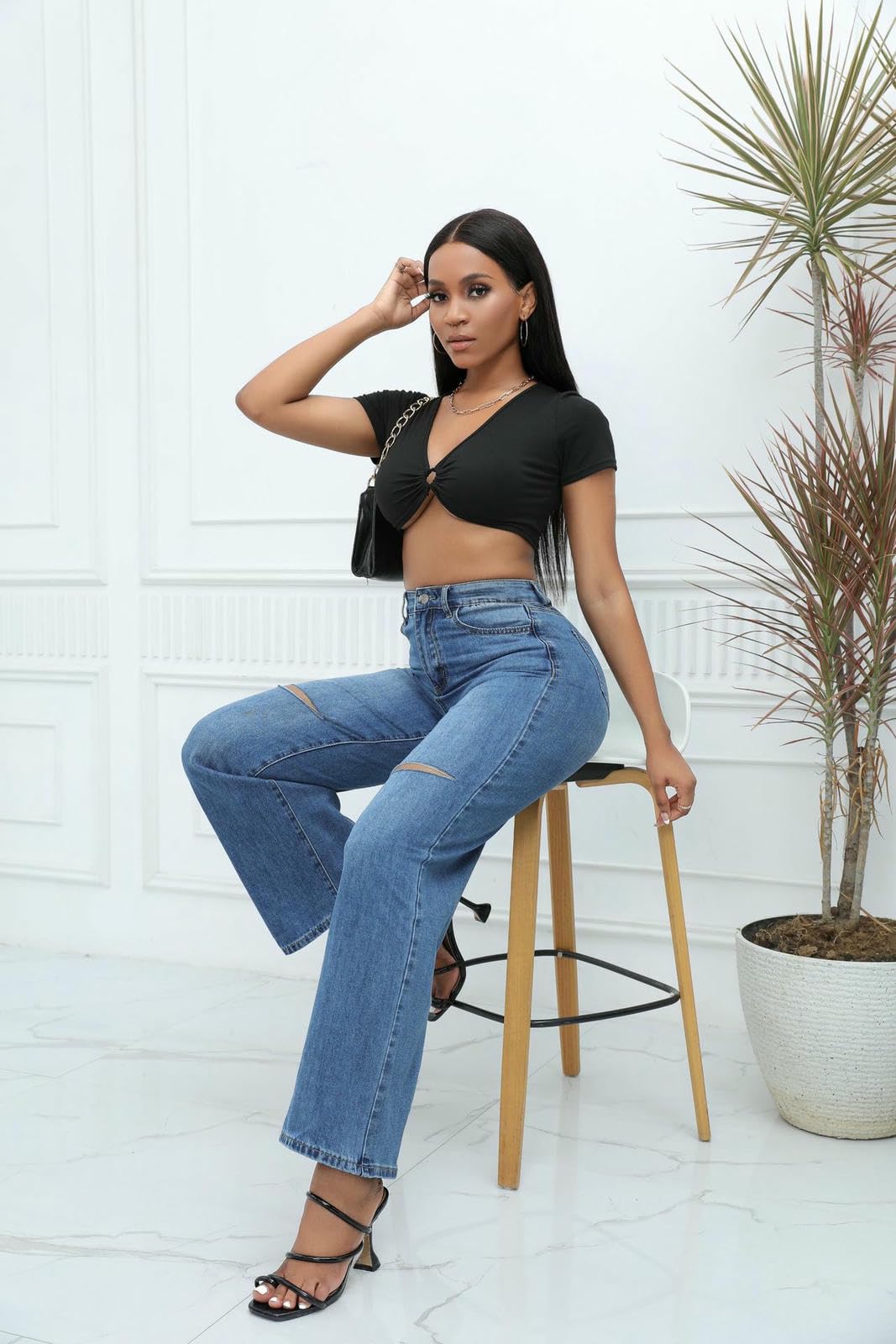 Jeans da Donna Strappati Elasticizzati - Boyfriend A Vita Alta Gamba Larga Donna-Blu Scuro-XL