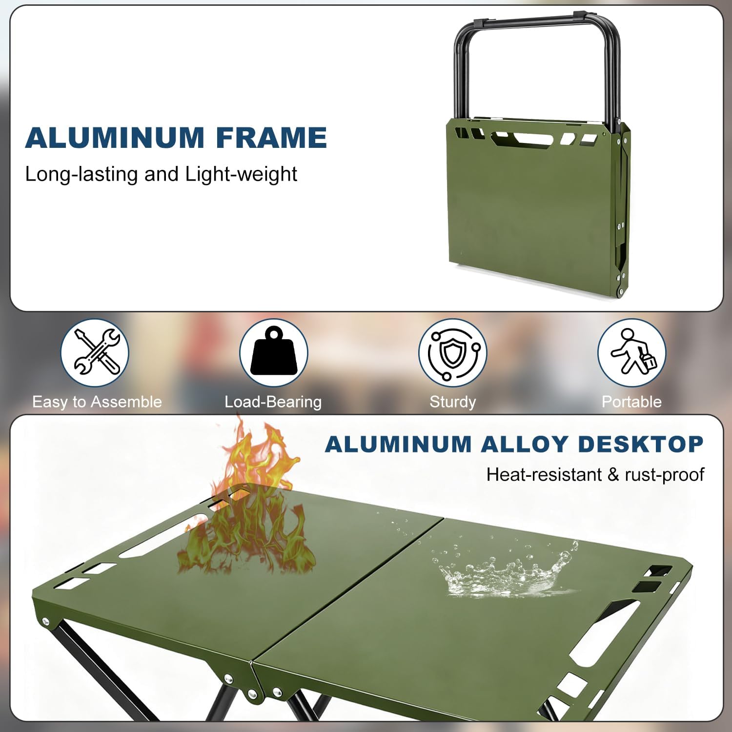 Tactical Camping Table, Collapsible Table Lightweight with Carry Bag, Durable Carbon Steel Outdoor Picnic Table for Camping, Travel expeditions, Hiking, Picnics, BBQs & Beach Trips - Green