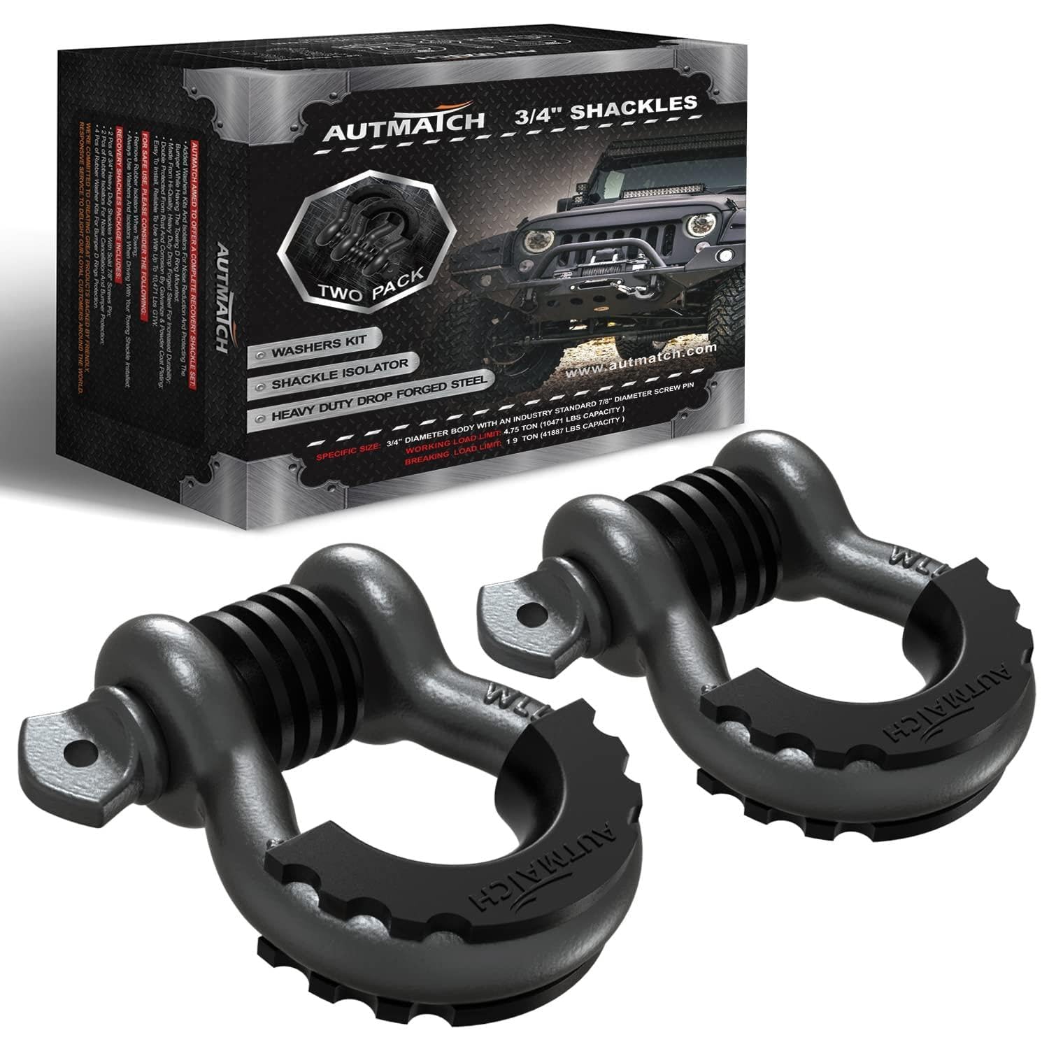 AUTMATCH D-Ring Shackle 3/4" (Set of 2) Approx 19 Ton Break Strength 7/8" Screw Pin Shackle Isolator with Washer Tow Strap Winch Off-Road Vehicle Recovery 3/4" Shackle Gun Metal