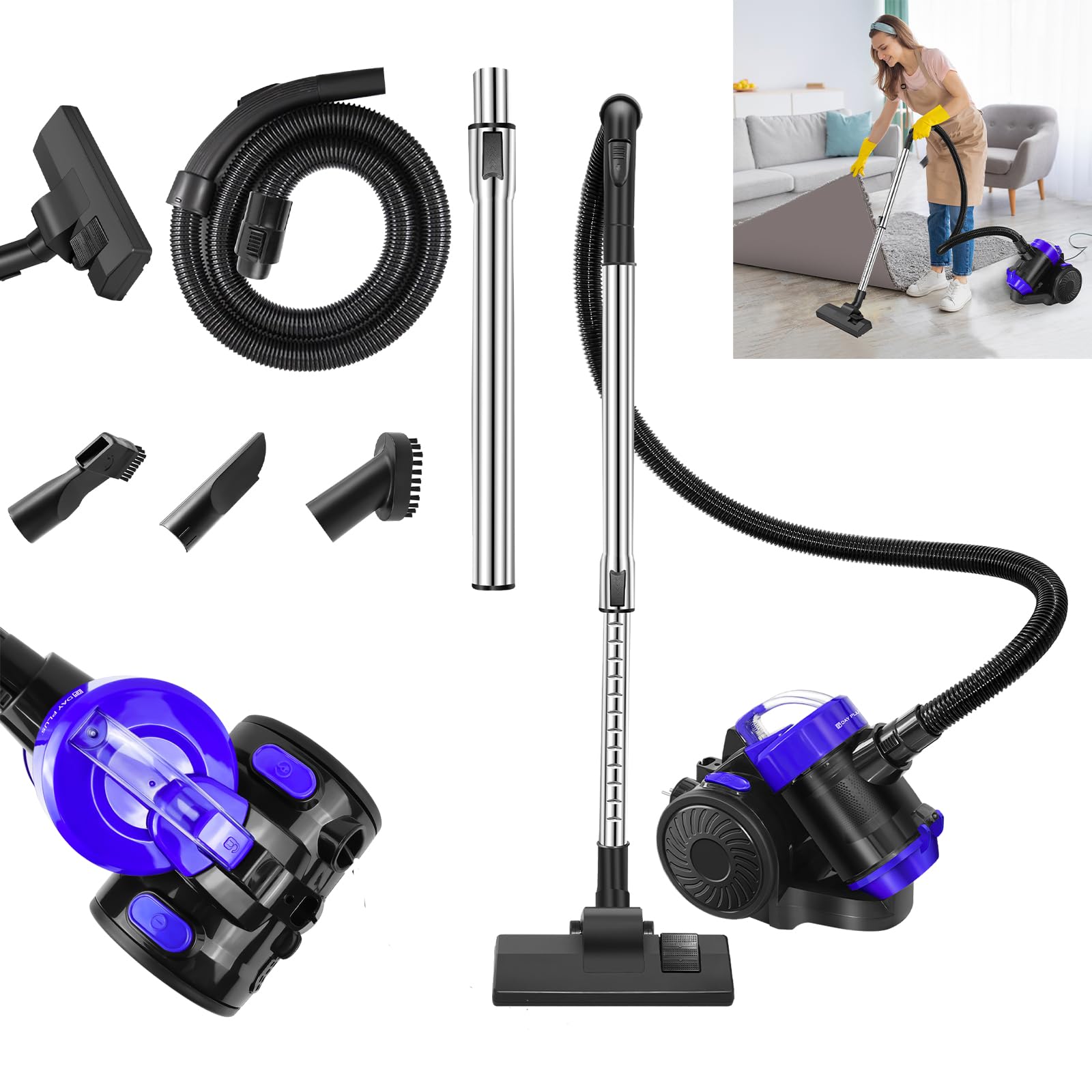 Bagless Cylinder Vacuum Cleaner,1000W Hoover Vacuum Cleaner,Bagless Vacuum Cleaners,Cyclonic Vacuum Carpet Cleaner with 2 IN 1 Brush Head for Removing Dust