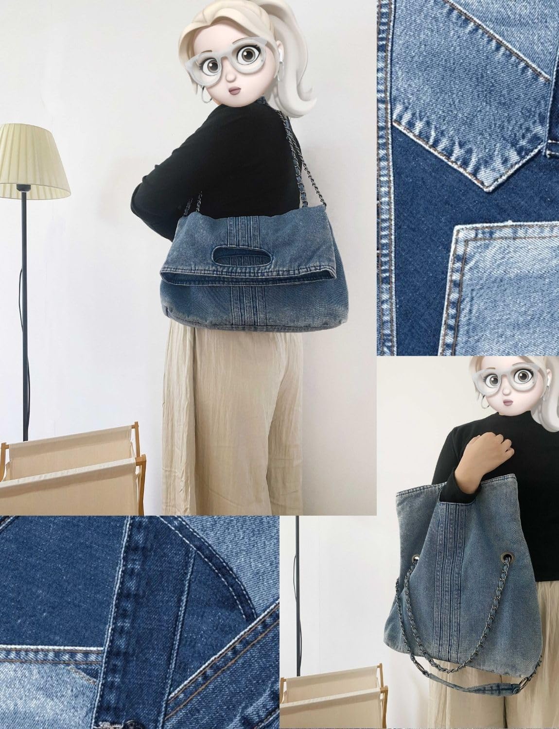 Denim Purses For Women Blue Jean Purse Crossbody Bags Retro Shoulder Bag With Adjustable Chain Strap Handbag Hobo Bag
