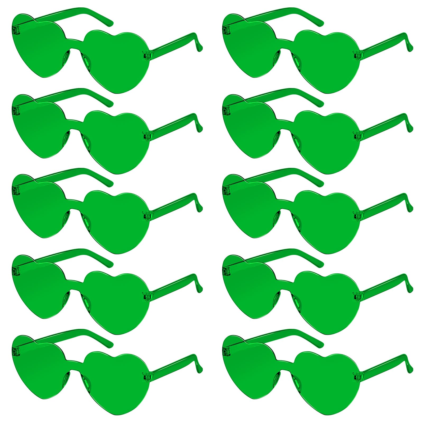 SelfTek 10 Pcs Green Heart Glasses Rimless Heart Sunglasses Colored Love Party Glasses Multipack Transparent Colorful Fashion Funky Eyewear for Women Men — image 1