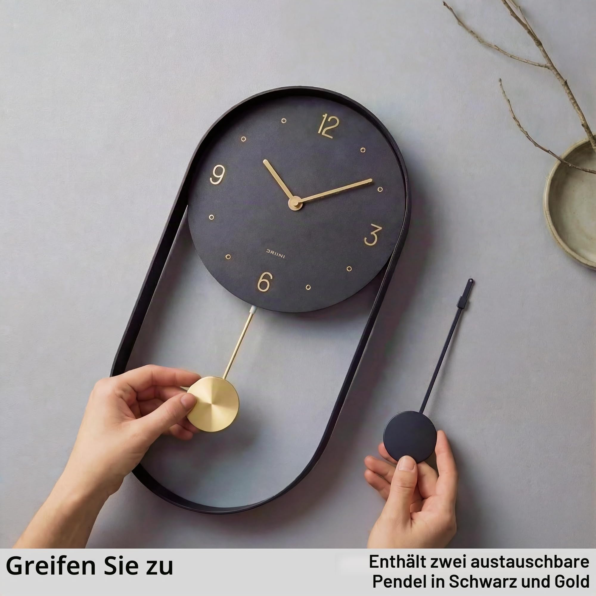 Driini Moderne Pendel-Wanduhr – dekorativer und einzigartiger Metallrahmen mit 20,3 cm Ziffernblatt – zeitgemäßes, minimalistisches Design mit geräuschlosem Batteriebetrieb – inklusive schwarzem und