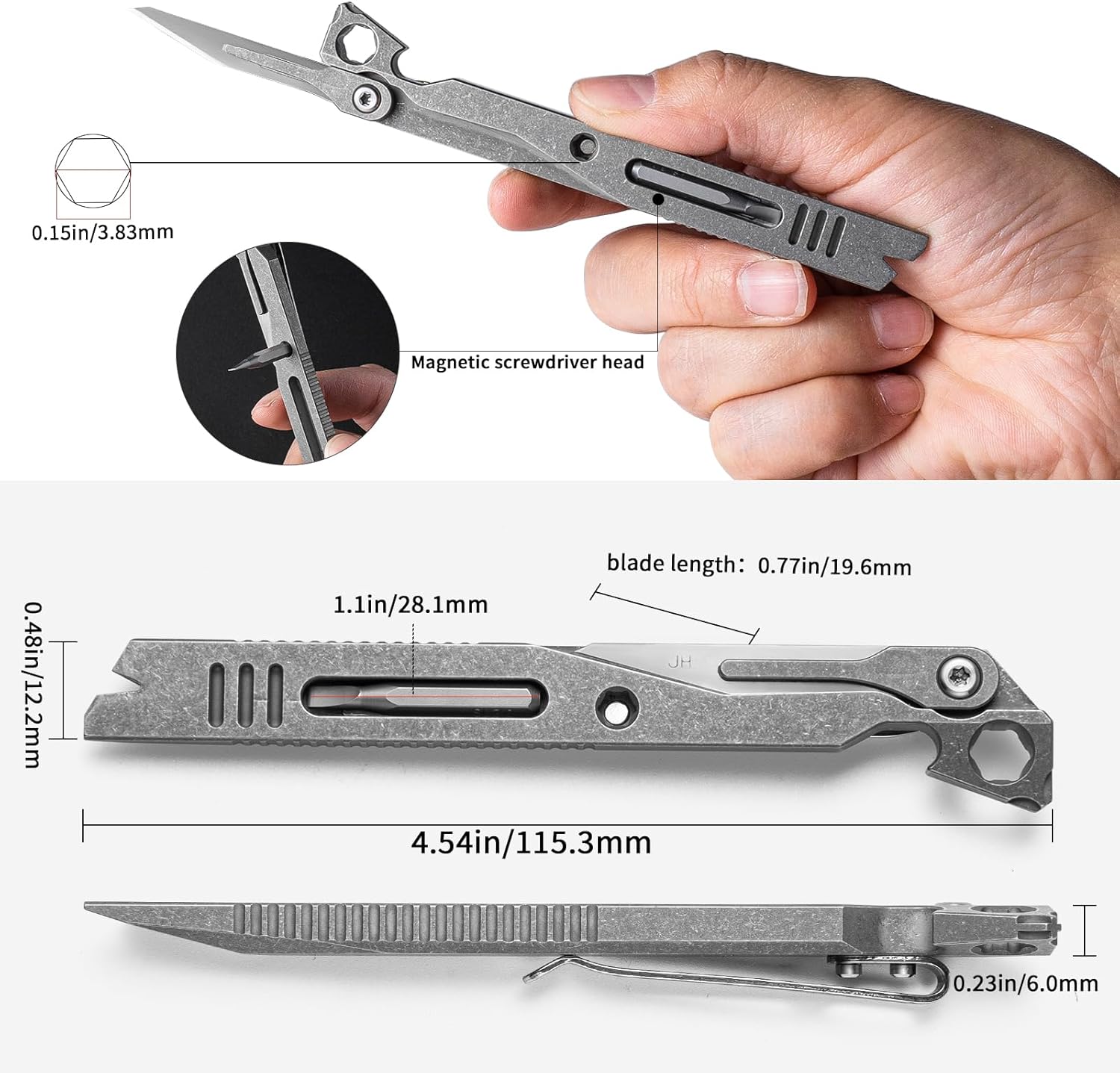 Titanium EDC Pry Bar,Pocket Multitool Mini Prybar,Keychain Crowbar Tool with Pocket Clip,Bottle Opener,Nail Puller,Hex Wrench,Screwdriver (Gray)