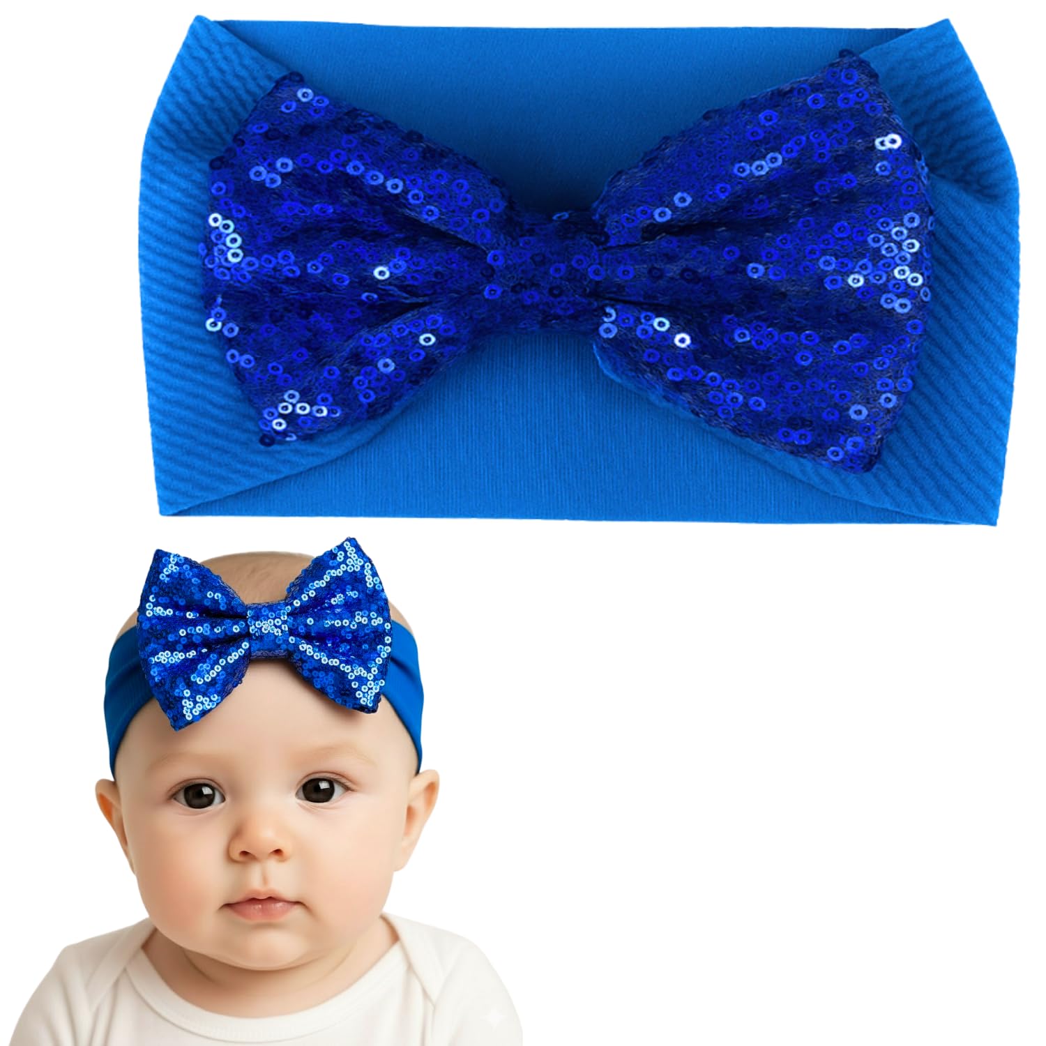 ANNA CREATIONS 1 Pc Baby Sequin Bow Headbands – Soft Stretchy Turban Style Hairbands for Newborns & Infants – Sparkly Bows – Adorable Fashion Accessories for Baby Girls & Baby Boy (BLUE)-image-31