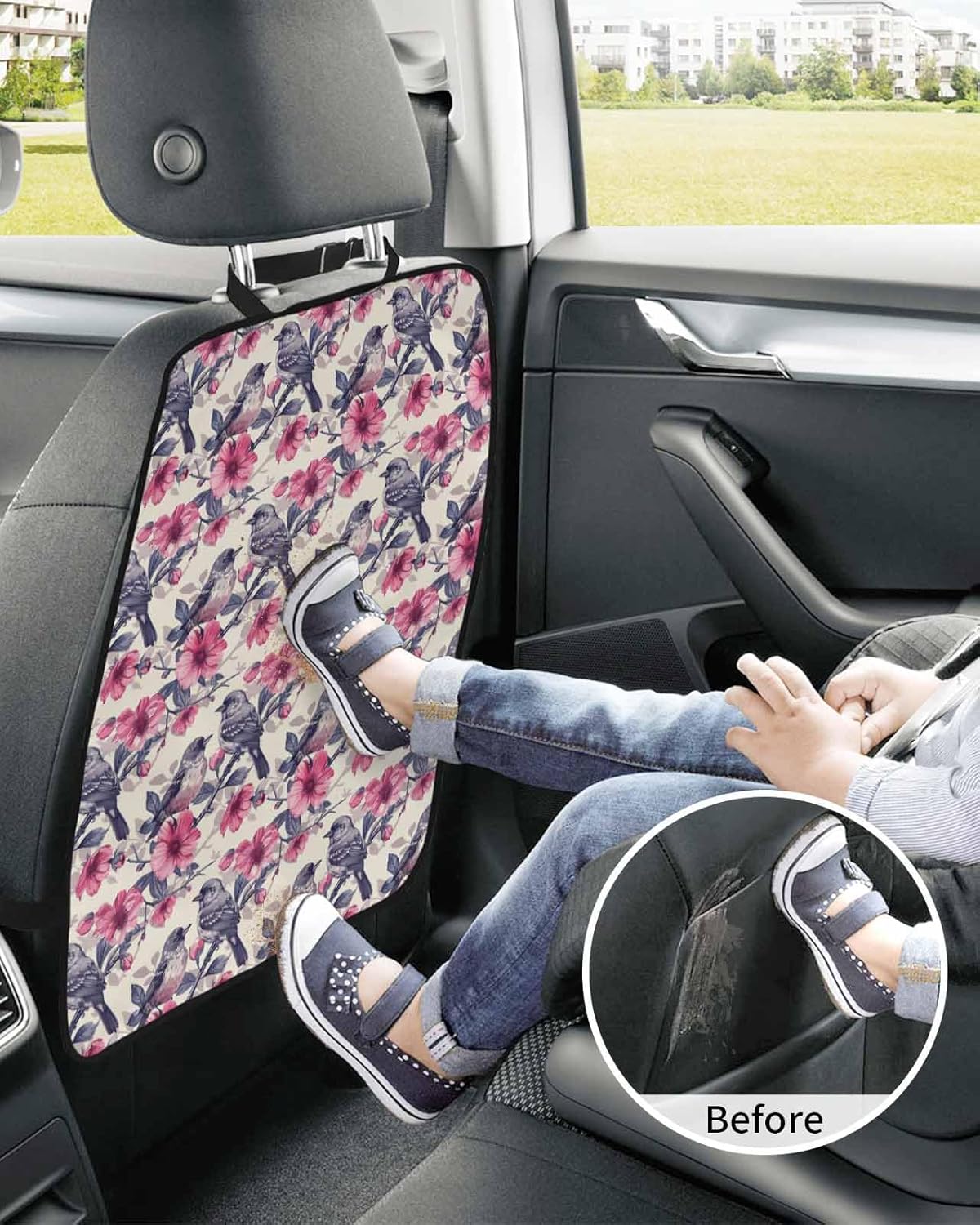Car Seat Protector, 2 Pack Kick Mats Back Seat Protector Bird Nature Vintage Plant Tree Branches Birds Flowers Waterproof Backseat Cover for Kids Universal Fit Automotive Interior Protectors