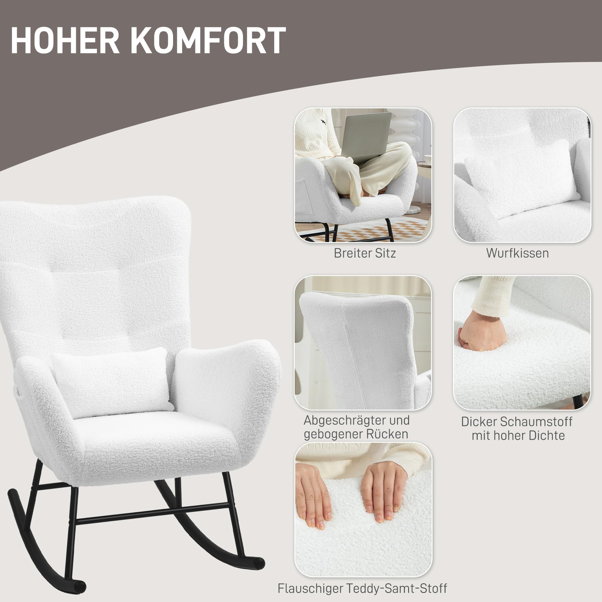 HOMCOM Schaukelstuhl, Schaukelsessel mit Teddystoff-Optik, Armlehne, Stillsessel mit Metallkufen, Lendenkissen, Relaxsessel mit Seitentasche für Wohnzimmer, Schlafzimmer, Weiß