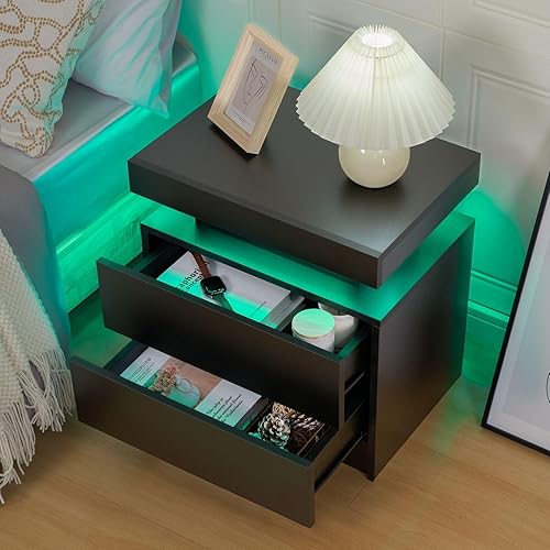 Miniatura 6 de i-aplus Juego de 2 mesitas de noche LED con 2 cajones, mesita de noche con cajones para muebles de dormitorio, mesa de cama lateral con luz LED