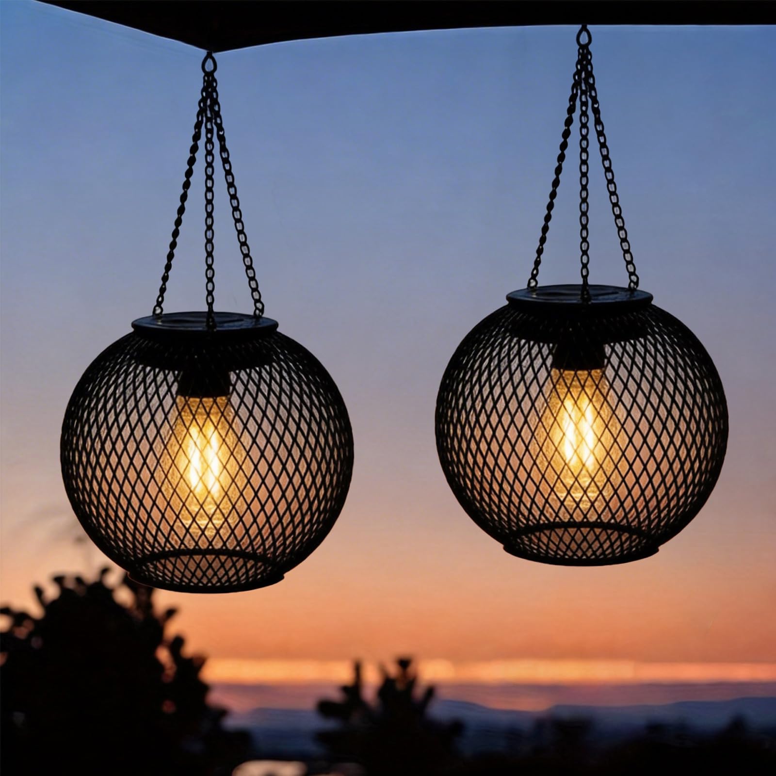 Hanging Solar Lights Outdoor Garden - 2 Pack Retro Solar Lanterns Decorative Metal Mesh Solar Chandelier Outdoor - Waterproof Solar Hanging Lanterns for Patio Yard Tree Porch Pathway Ornaments