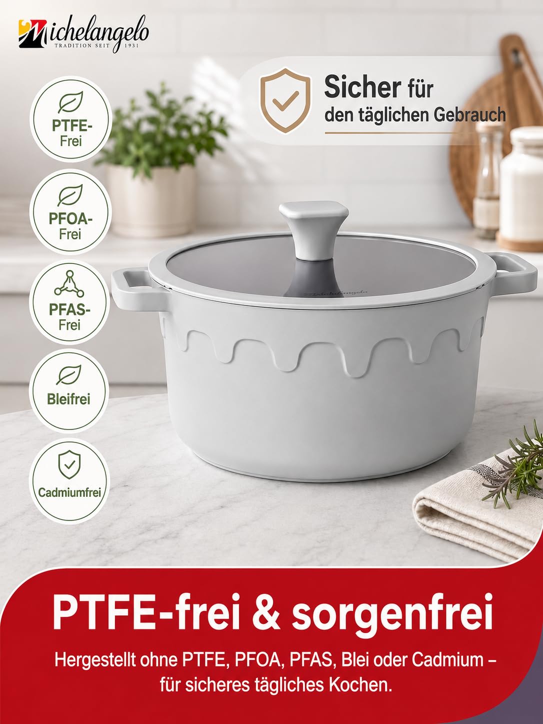 MICHELANGELO 8 L Suppentopf mit Glasdeckel, Titan-Keramik-Antihaft Kochtopf