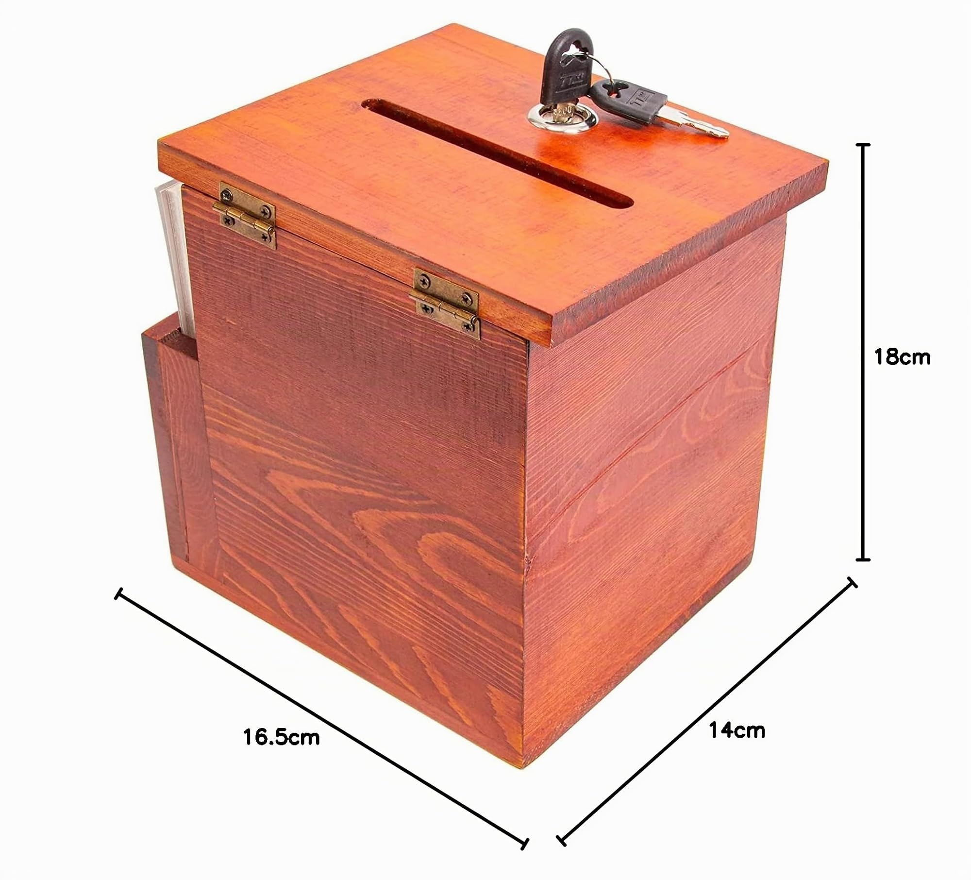Buzón de sugerencias de madera con cerradura y llaves, urna marrón con 50 tarjetas de sugerencias en blanco, tapa de bloqueo y ranura lateral para donaciones, comentarios, comentarios (7.5 x 7.1 x 5.5