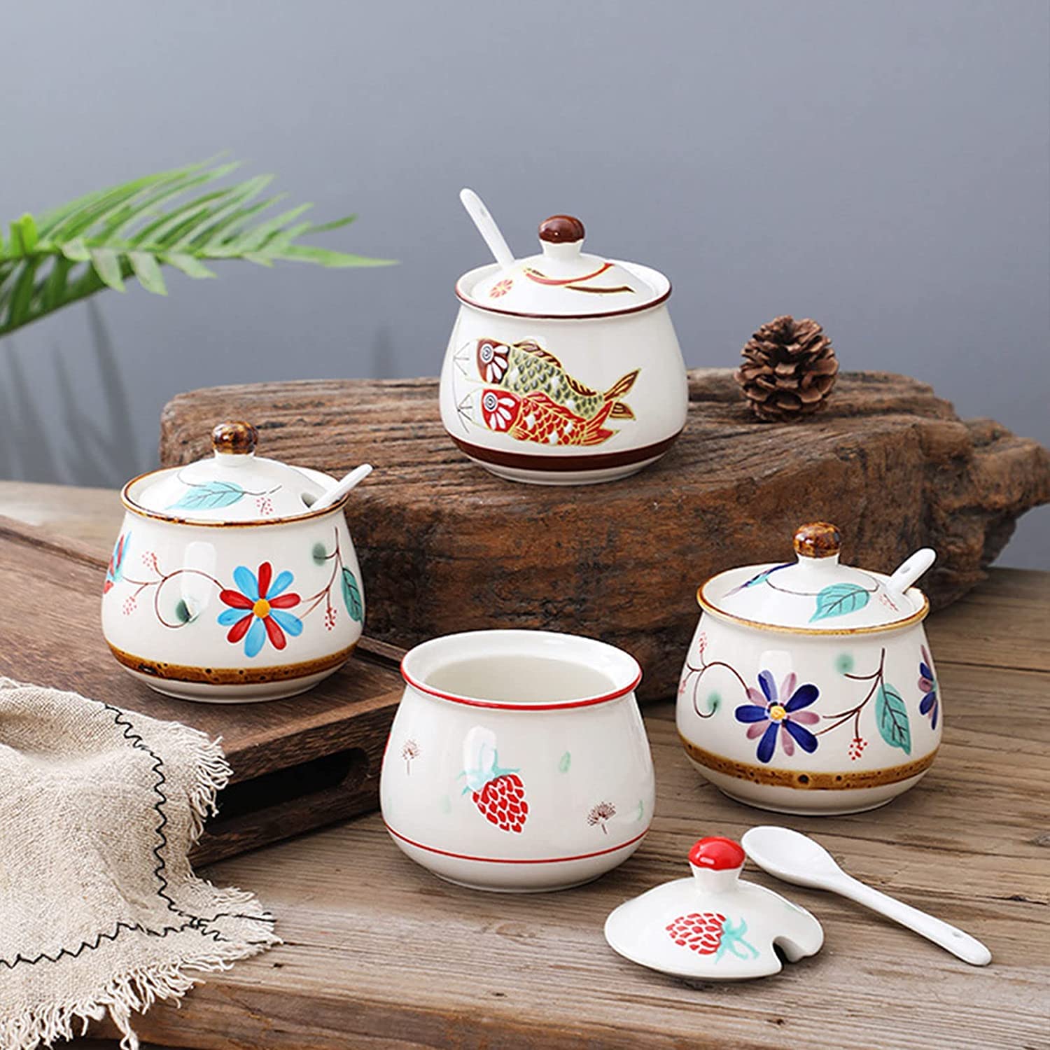 Azucarero de cerámica, jarra for crema, azucarero retro nórdico con tapa, tarro de almacenamiento con patrón dibujado a mano, azucarero de porcelana, tarro de especias, for cafetería, restaurante, azu