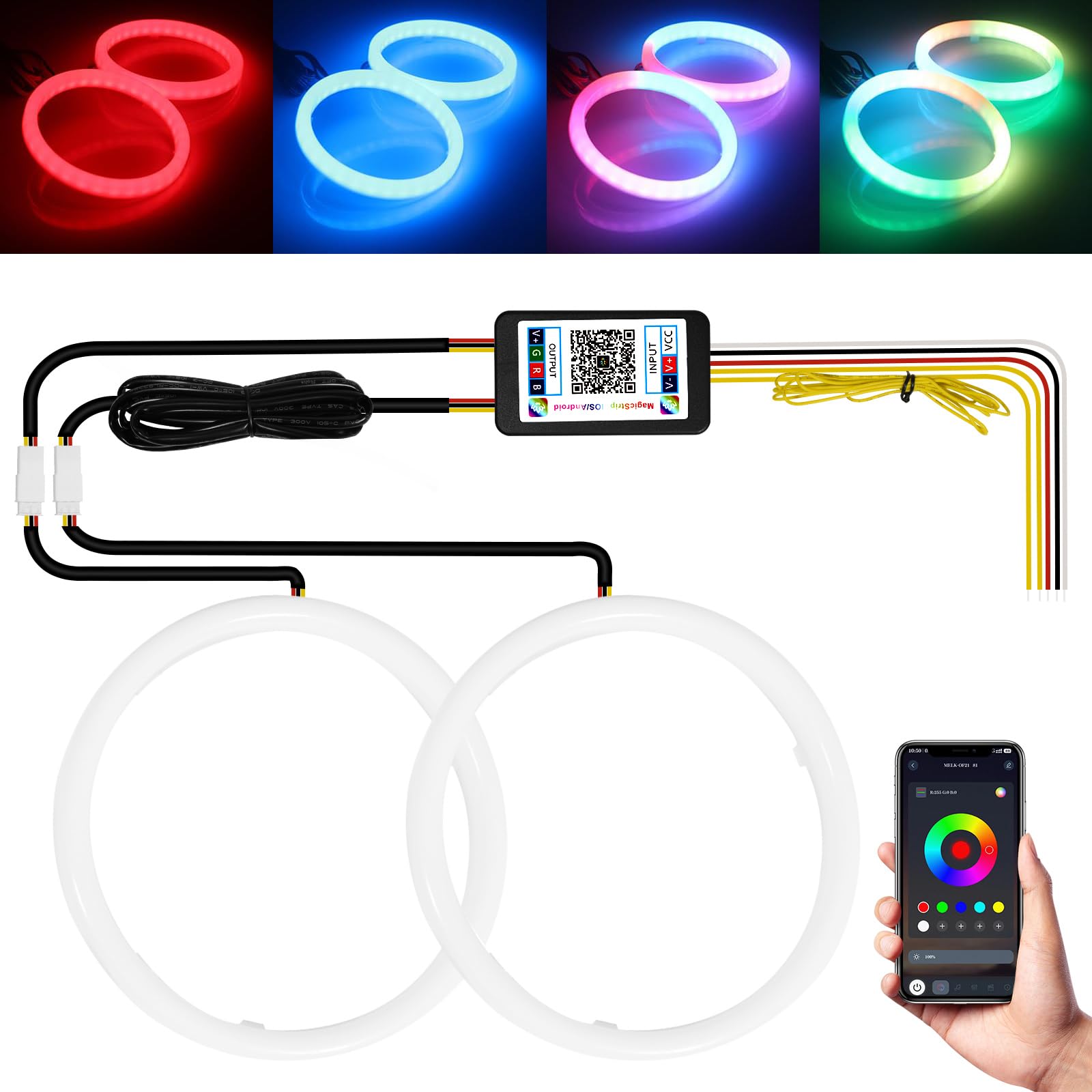 Qasim Angel Eyes Halo Rings Cotton Lights 12V 120MM RGB LED Universal for Car Scooter Motorcycle DRL Tail Light APP Bluetooth Control Multi-Color 2-Pack