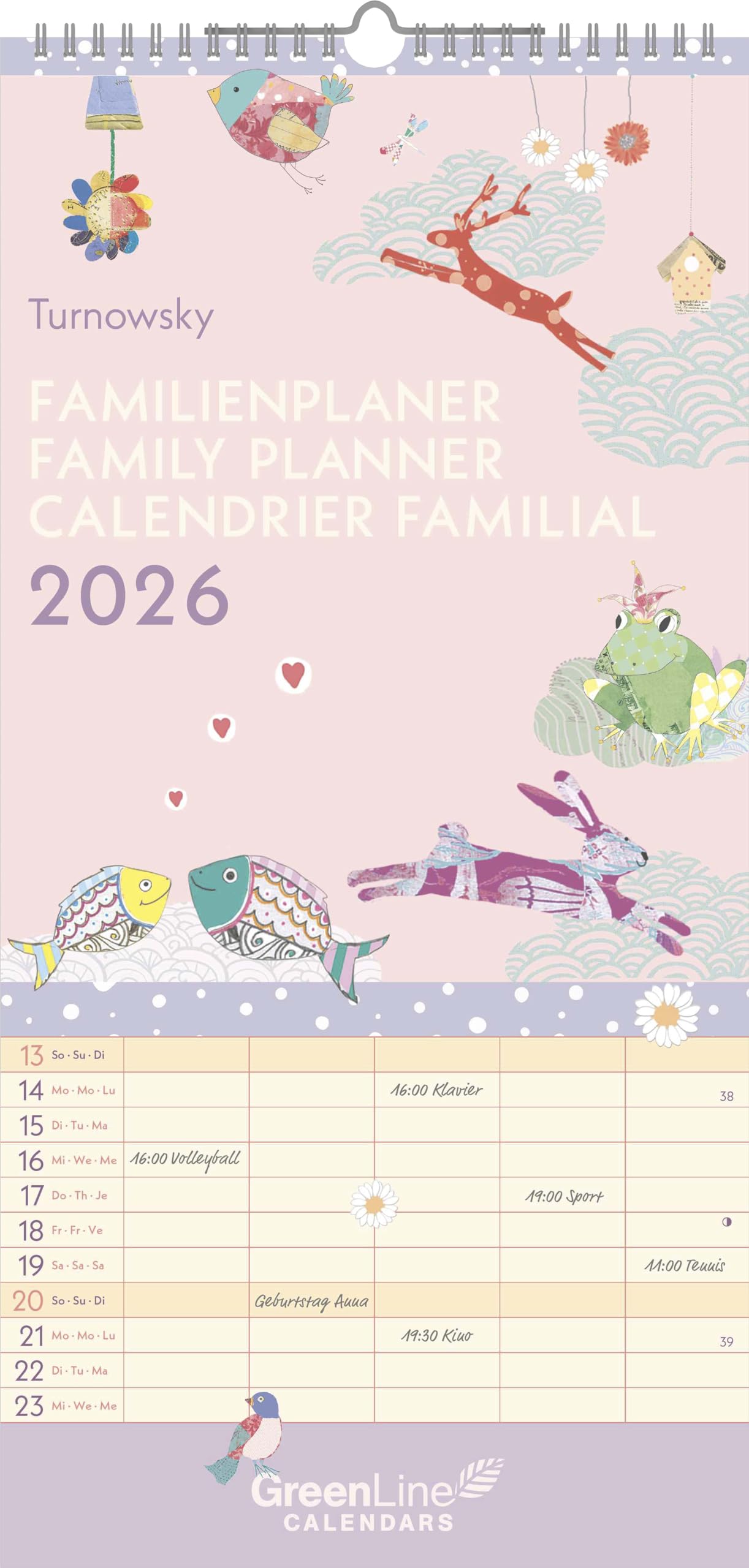 GreenLine - Turnowsky Familienplaner 2026 – Wandkalender 22x45 cm, Familienkalender mit 5 Spalten, 3-sprachigem Kalendarium & nachhaltiger Produktion für Familienorganisation