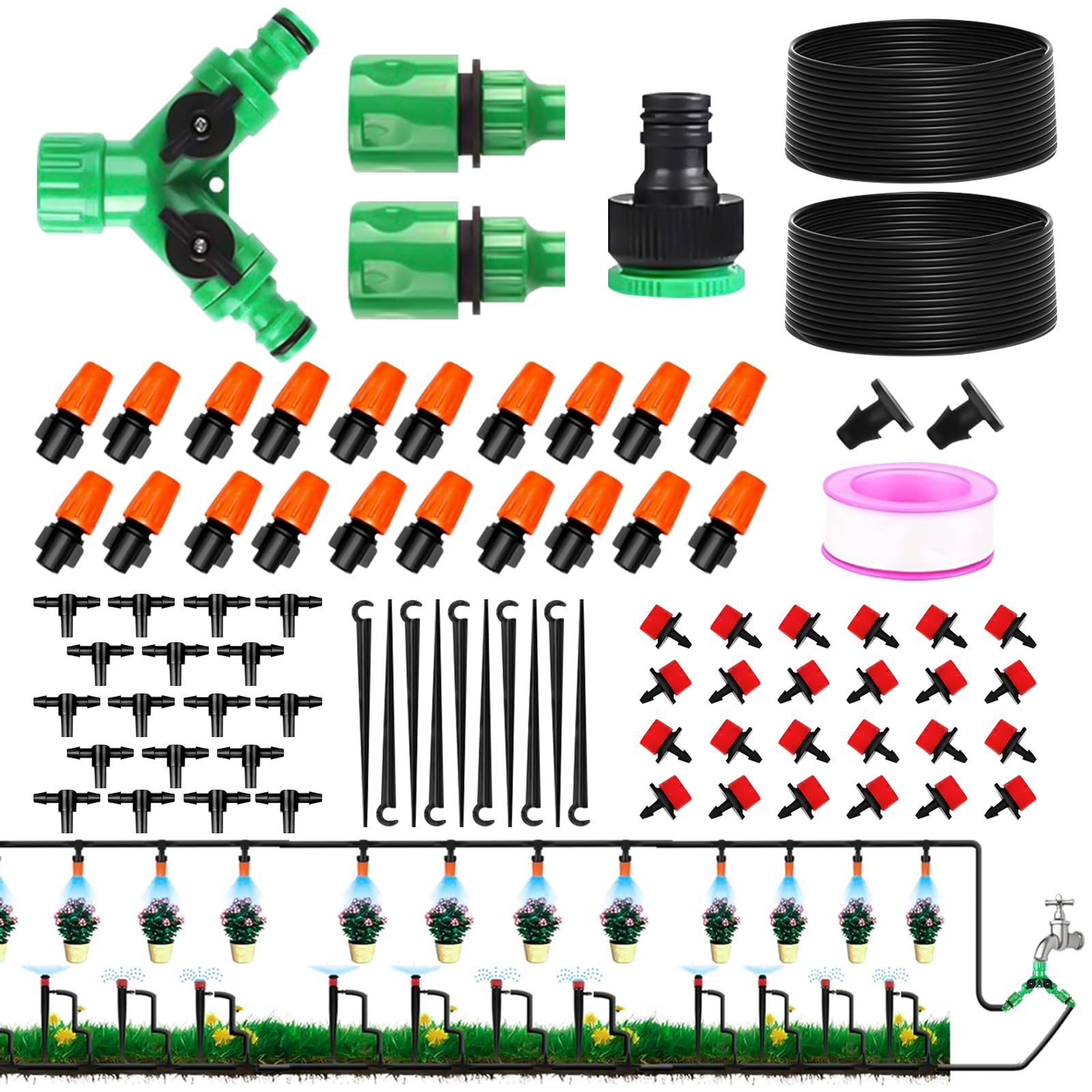 Lambada Drip Irrigation Kit, 100FT Garden Irrigation System with 1/4" Blank Distribution Tubing, Outdoor/Indoor DIY Automatic Plant Watering Devices for Garden, Greenhouse, Garden Bed