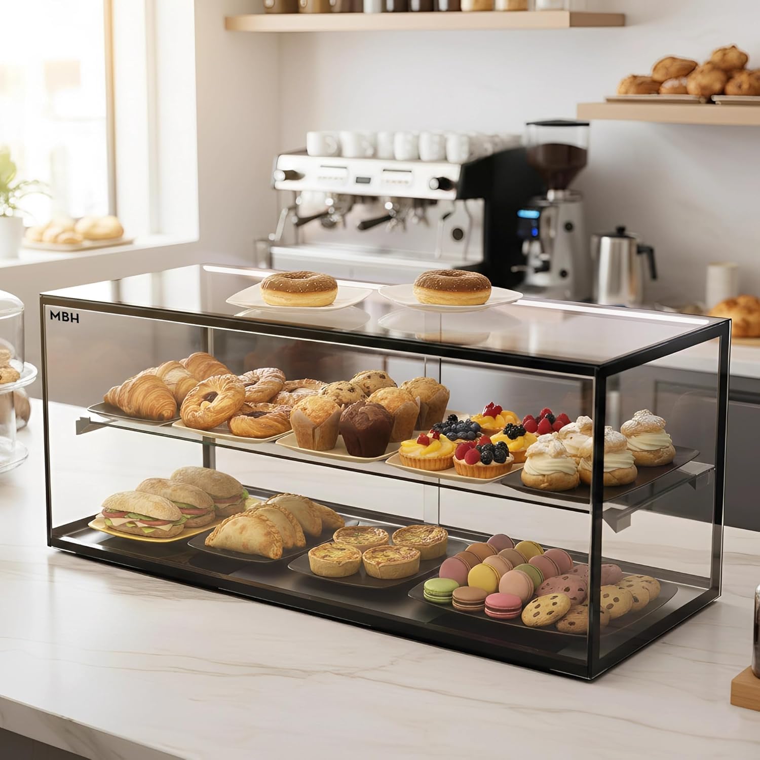 MBH - Vitrine neutre de comptoir 92x39 cm, vitrage droit trempé, 2 niveaux, avec éclairage LED, portes arrière coulissantes, pour bar, café, restaurant, viennoiseries et pâtisserie.