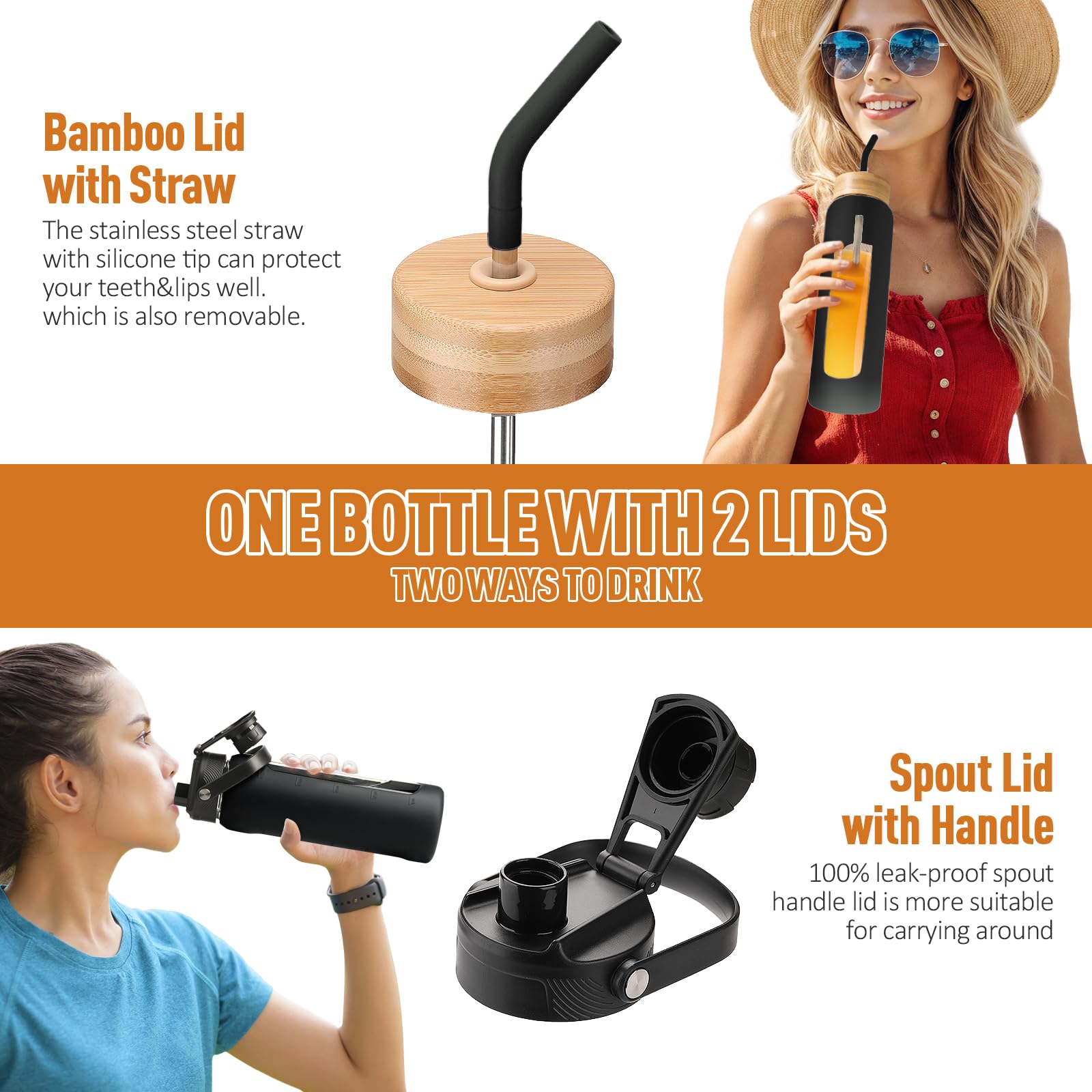 BLUEGO Borraccia Vetro 700ml con 2 Coperchi e Cannuccia, Sportiva Bottiglia d'Acqua con Custodia in Silicone e Indicatori di Tempo, Senza BPA, Nero