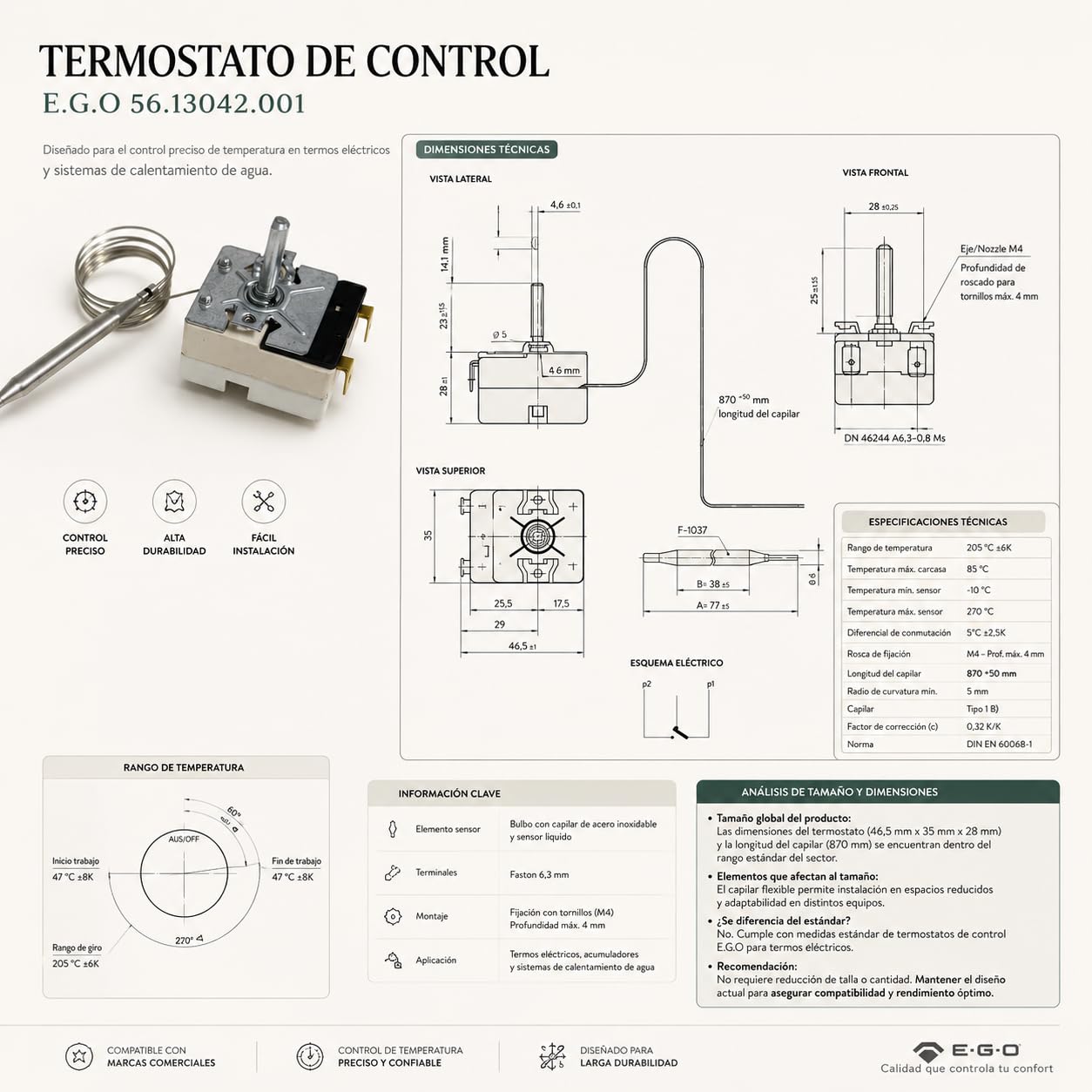 Thermostat pour friteuse EGO. 50-205ºC | Dimensions 12 x 8,5 x 7 cm | Contrôleur de température | Régulateur d'énergie | Pour mesurer la température de l'huile