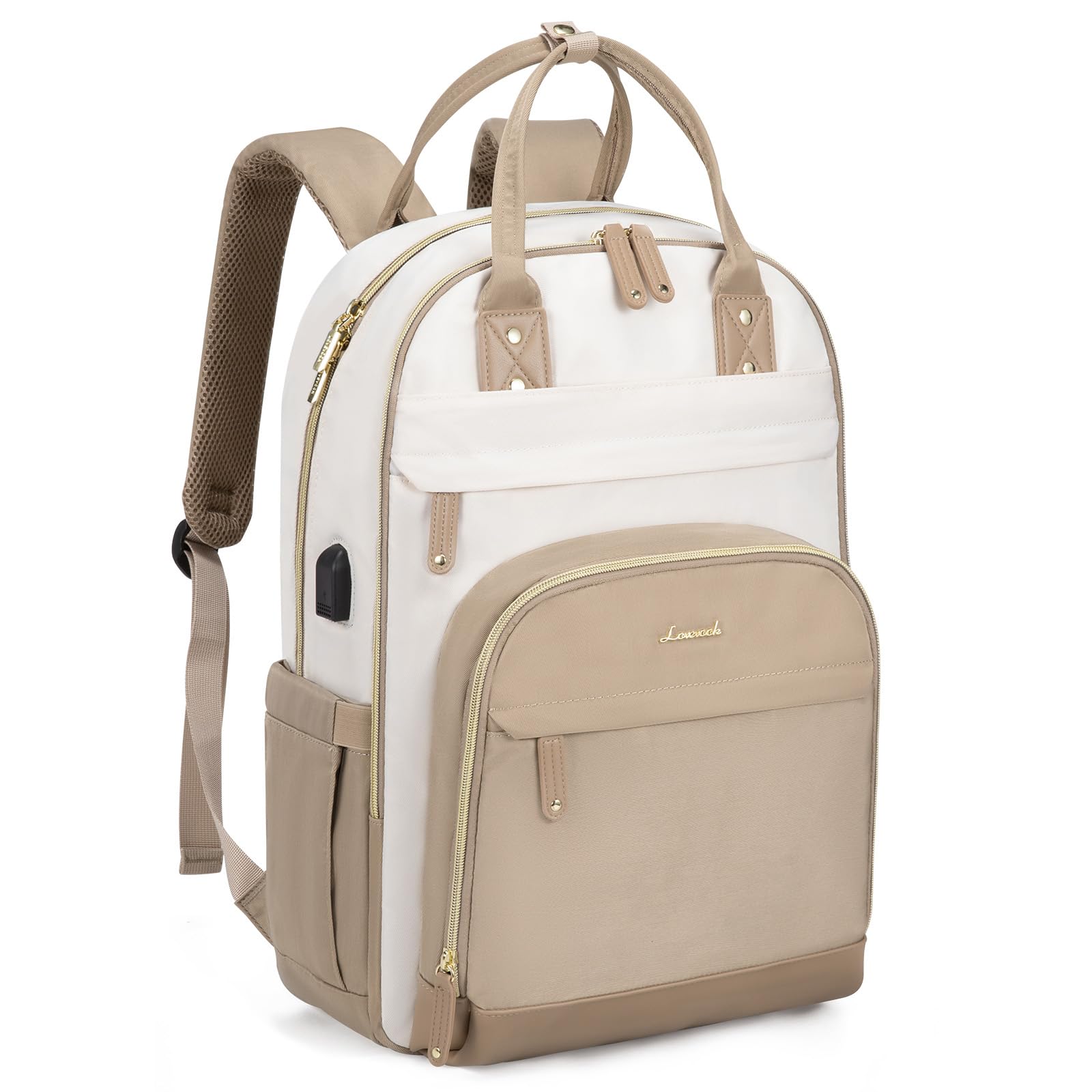 LOVEVOOK Rugzak voor dames, laptop, school, reizen, met USB-oplaadpoort en laptopvak, waterdichte tas, schooltas voor werk en studie, A-kaki beige, 15, 6 Zoll