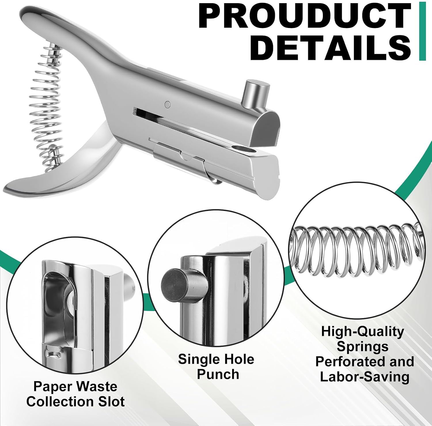 Chumia 1 Pcs Heavy Duty Hole Punch 2" Long Reach 3/8 Inch Paper Single One Hole Puncher Deep Throat Reduced Effort Hand Held Alloy Punch for ID PVC Cards 5 Inch Tall 25 Sheet Capacity