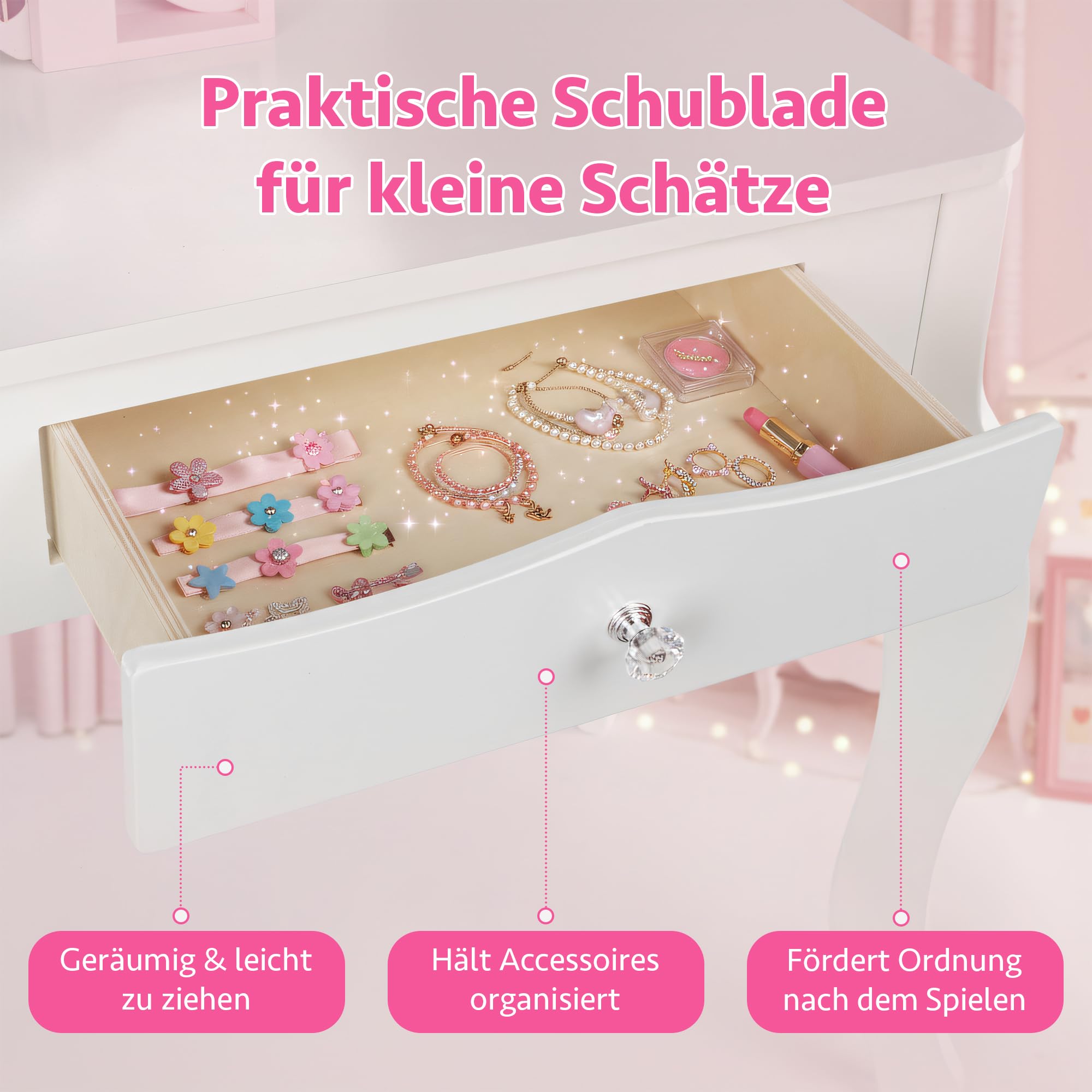 Green series Kinder Schminktisch aus Holz mit Spiegel & Hocker – Toaletttisch Mädchen mit Schublade & Aufklebern | Kinder Schminkkommode Holz, Schminktisch Kinderzimmer, Geschenk für Mädchen – GS3310