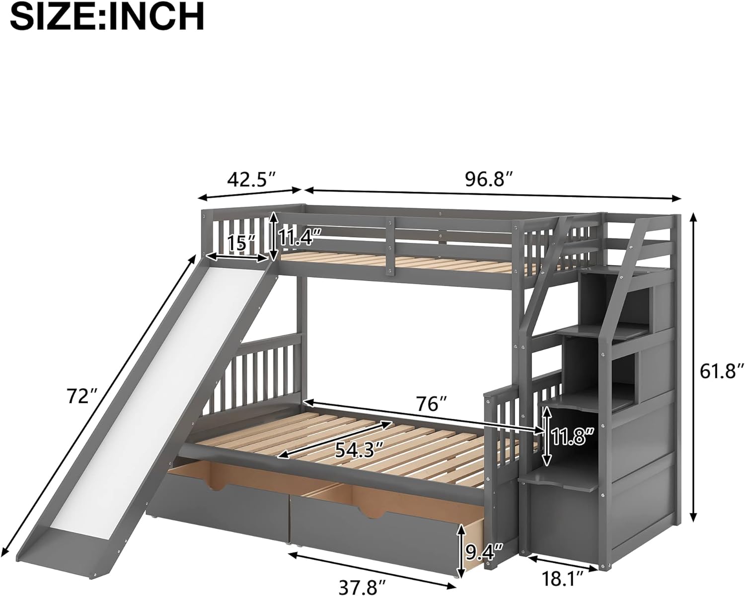 Buy kupet Stairway Twin Over Full Bunk Bed with Slide & Storage Drawers