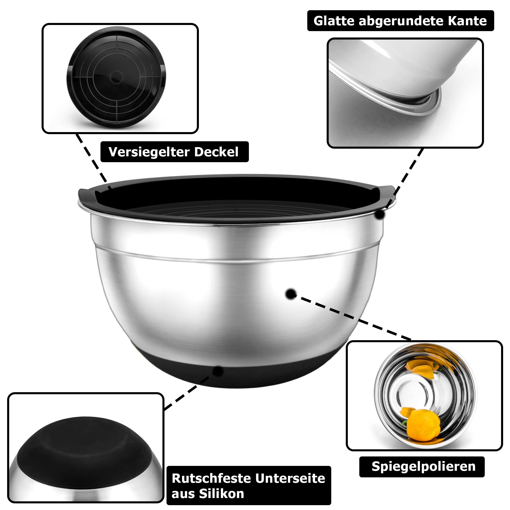 TEAMFAR Rührschüssel 7er Set, Edelstahl Schüssel Salatschüssel Set Schwarz | Stapelbar Schüssel Set, Luftdichten Deckel, Rutschfest Silikonboden, 0,7L/ 1,2L/1,5L/2,5L/2,8L/3,5L/6,5L, Spülmaschinenfest