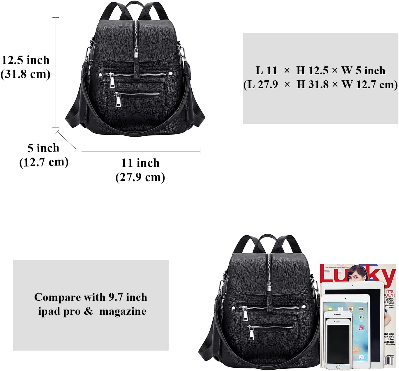 ALTOSY Leather Backpack Purse for Women Fashion Casual Handbag with Multi Pockets and Flap(S107 Black) - Image 4
