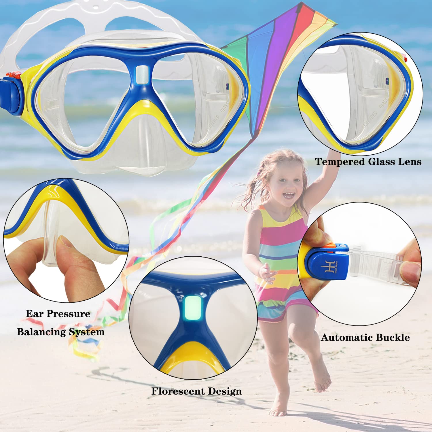 Seals Dry Snorkel Set For Kids Youth Junior, Anti-Fog Tempered Glass Snorkeling Mask, Anti Leak