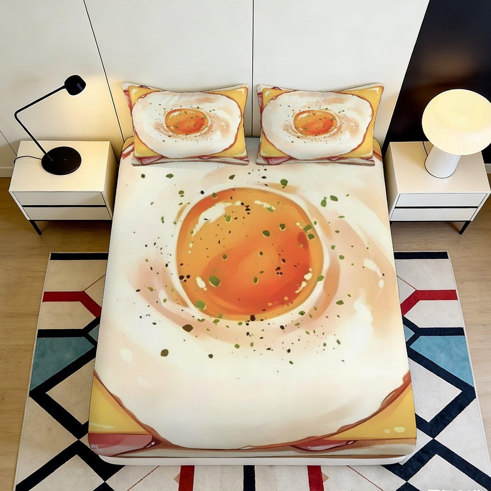 3D Printed Fried Egg Pattern Fitted Sheet Microfiber Soft Non-Slip Breakfast Art Mattress Cover Bedroom Decor 90x200x25cm