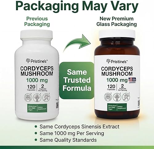 Miniatura 3 de PRISTINE'S Cordyceps - Cápsulas de hongos – Suministro para 60 días de 1000 mg – Suplemento adaptógeno de rendimiento atlético, resistencia e
