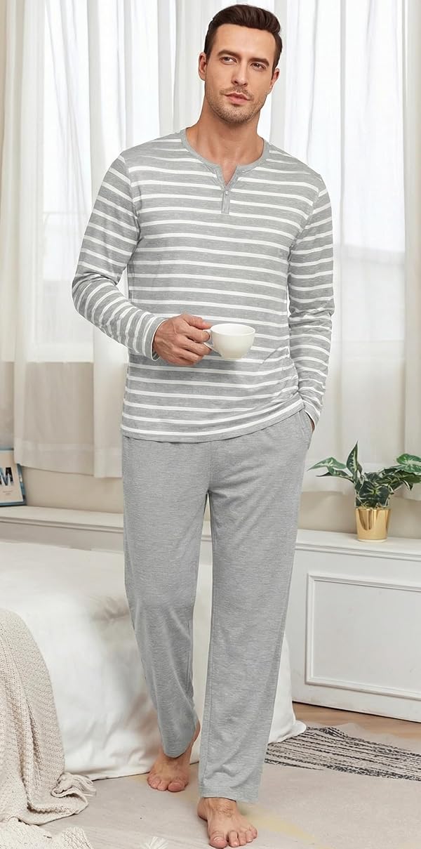 PrinStory Mens Pajamas Set Long Sleeve Henley Pjs Gray Stripe-XL by PrinStory - Image 2