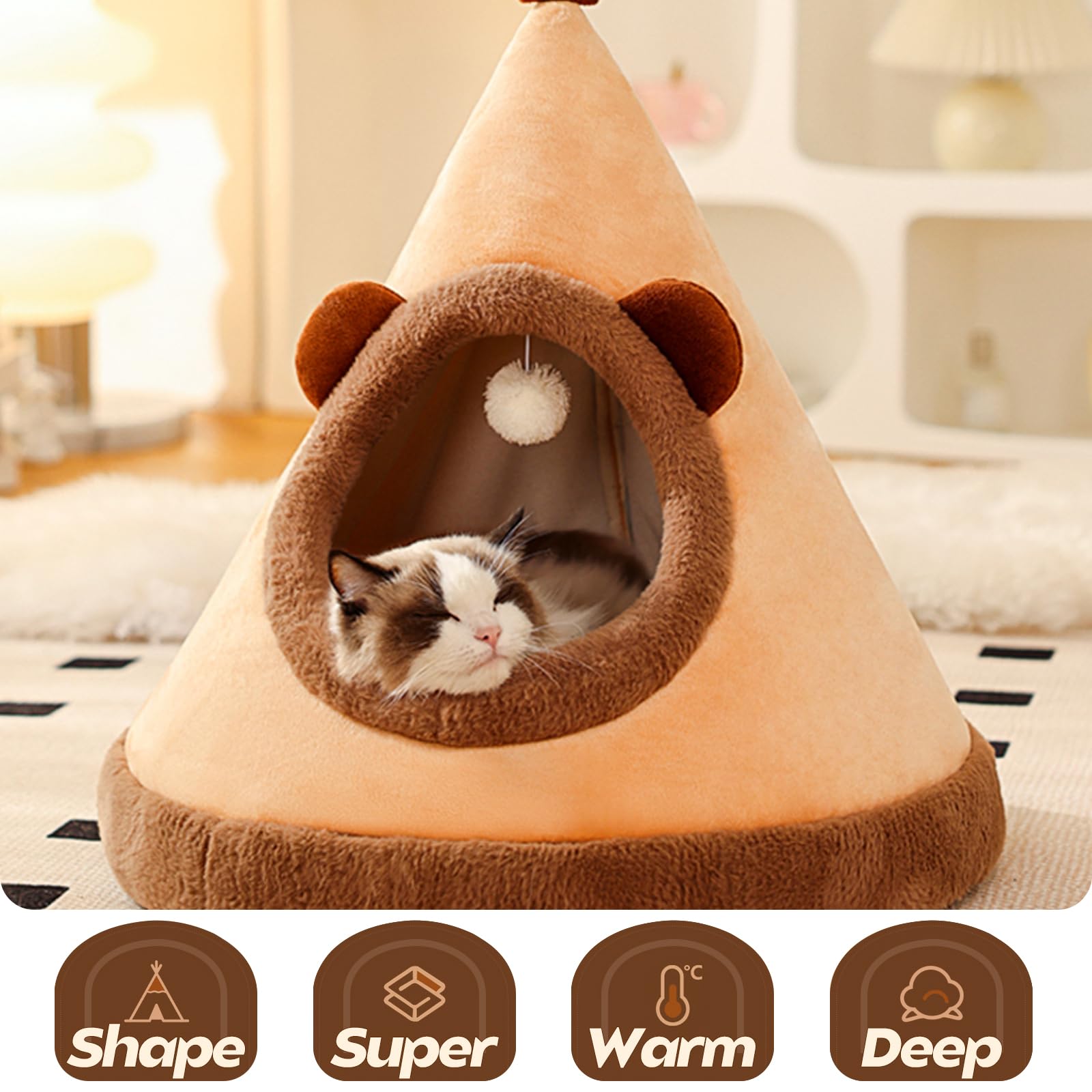 BOSERMEN Cat Cave Bed, Portable Cat Igloo Cat Cave Bed, Triangle Pet Teepee, Cozy and Warm Pet Hideout, Pet Tent for Cat and Dog(M, Yellow)