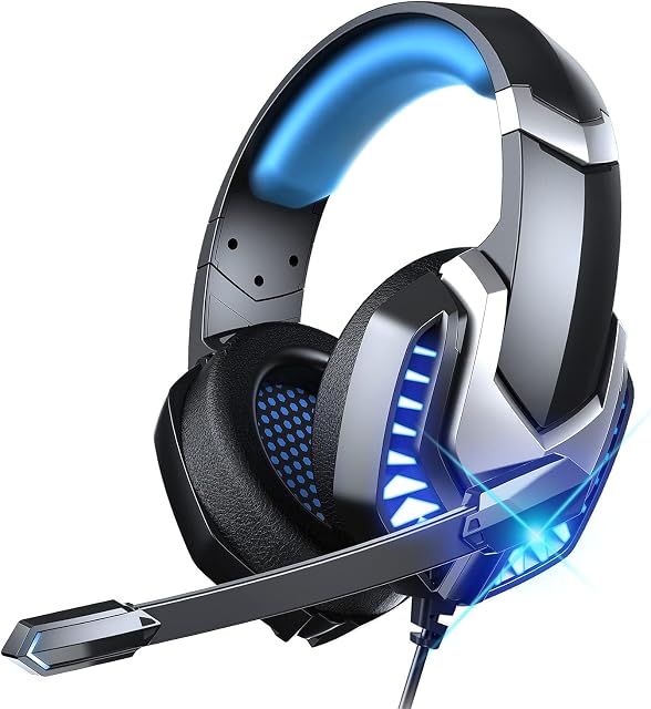 Wasart Gaming Headset, PS4 Headset with Adjustable Microphone and LED Light, Volume Control Gaming Headphones Wired with 50mm Driver, Over Ear Headphones for PC Xbox One PS4 PS5 NS Laptop