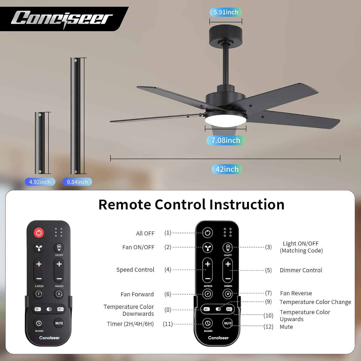42 Inch Ceiling Fans with Lights and Remote for Bedroom Living Room Kitchen Home Office Indoor/Outdoor, 6CCT Dimmable, Dual Color 5 Blades, 6 Speed Reversible Quiet DC Motor, Black/Wood Grain