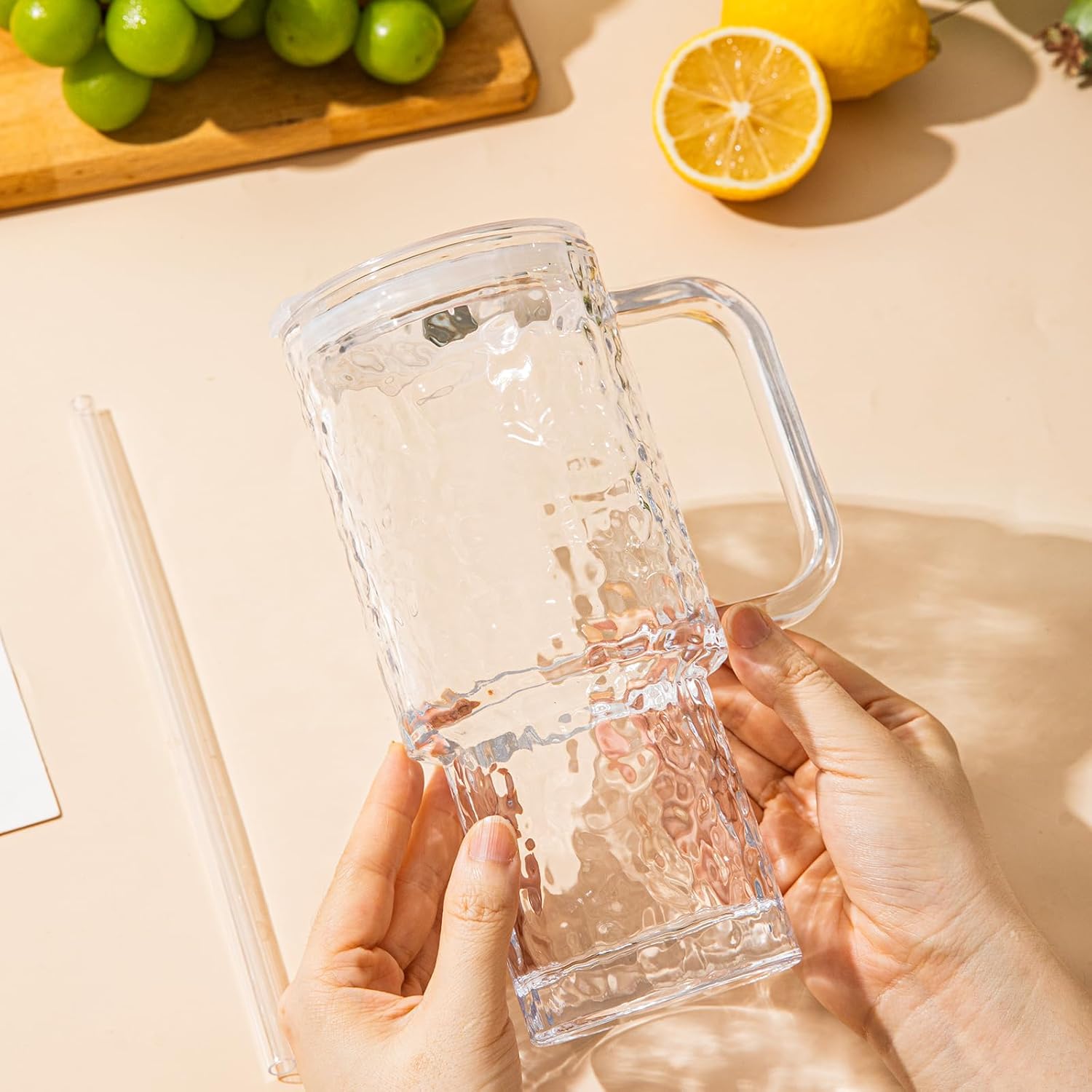 26oz Water Ripple Glass Tumbler with Handle & Lid, Reusable Iced Coffee Cups with Straws – Set of 2, Glass Cups for Smoothies, Juice, Coffee, Tea – Travel Mugs for Daily Use - Image 7