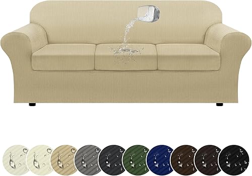 Funda para sofá 100% impermeable, juego de 4 piezas, funda de sofá a rayas para sofá de 3 cojines, con parte inferior de TPU a prueba de fugas,