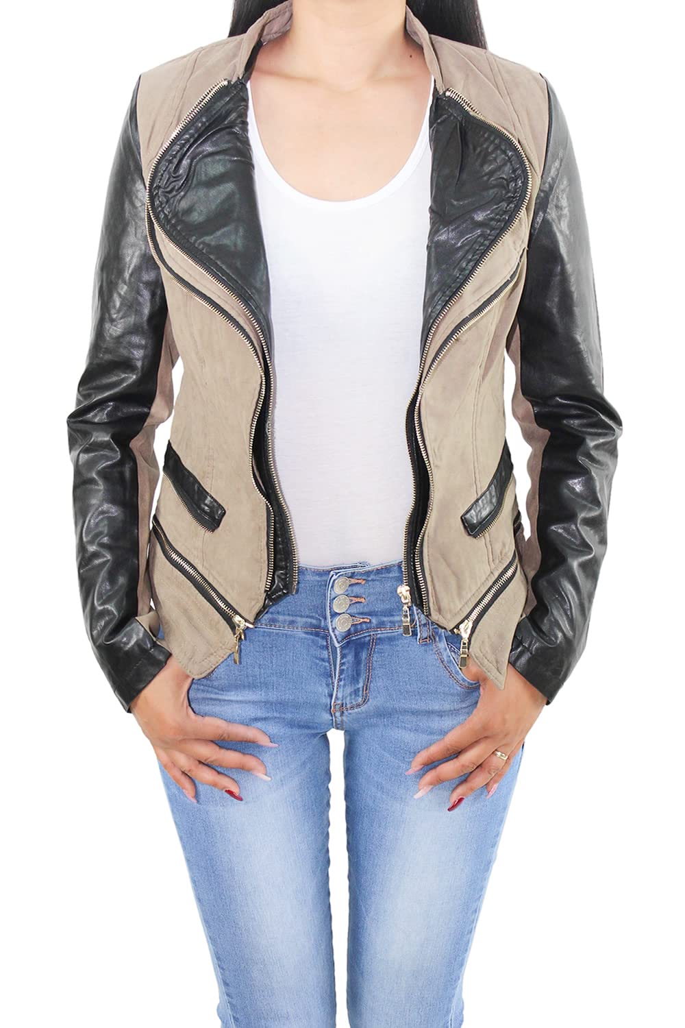 Damen Kunst Lederjacke Wildleder Look Biker Jacke Übergangsjacke