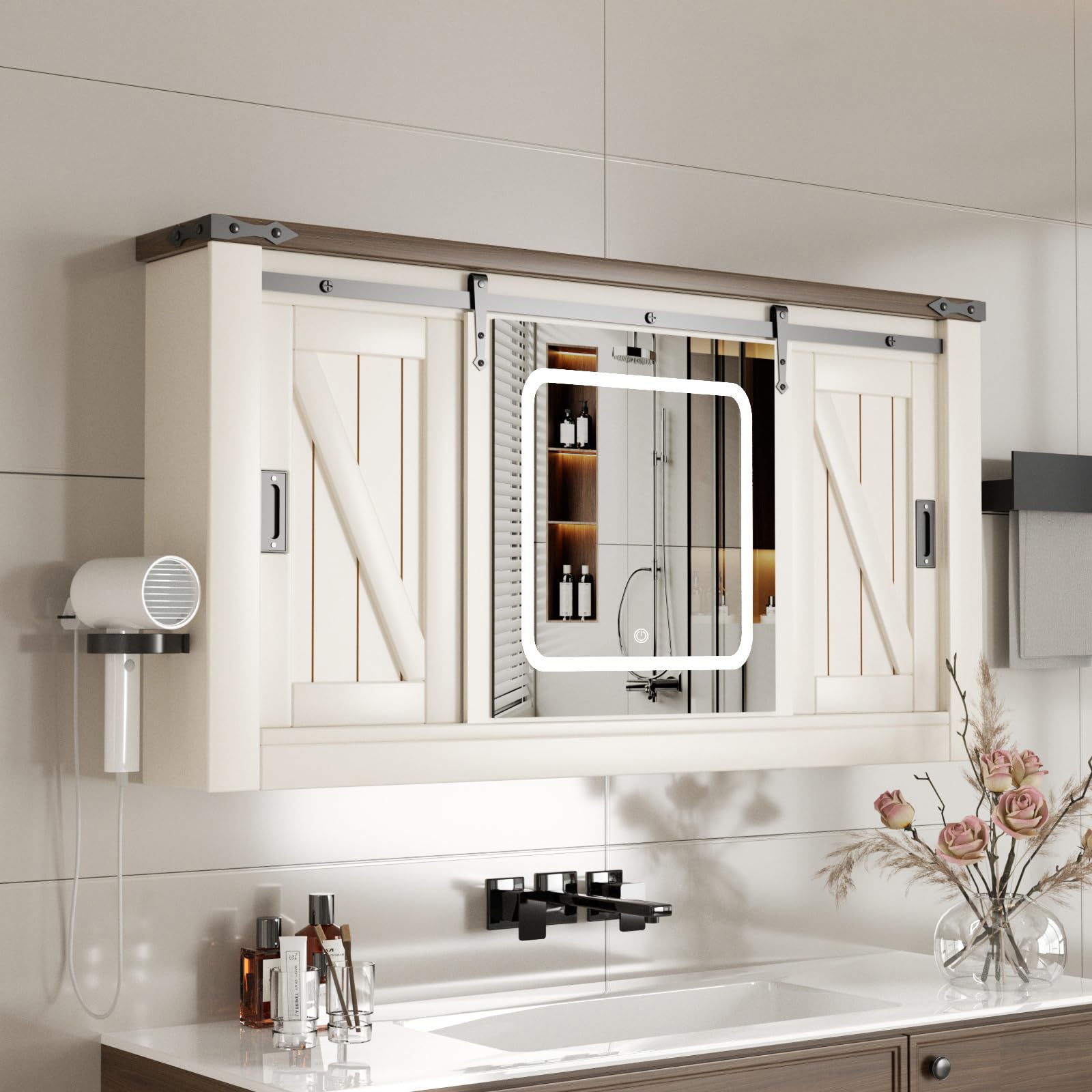 Specchio Bagno Contenitore con Luce Mobile Bagno Armadietto con 5 Mensola Regolabile e Porta asciugacapelli 120 * 19 * 60 cm